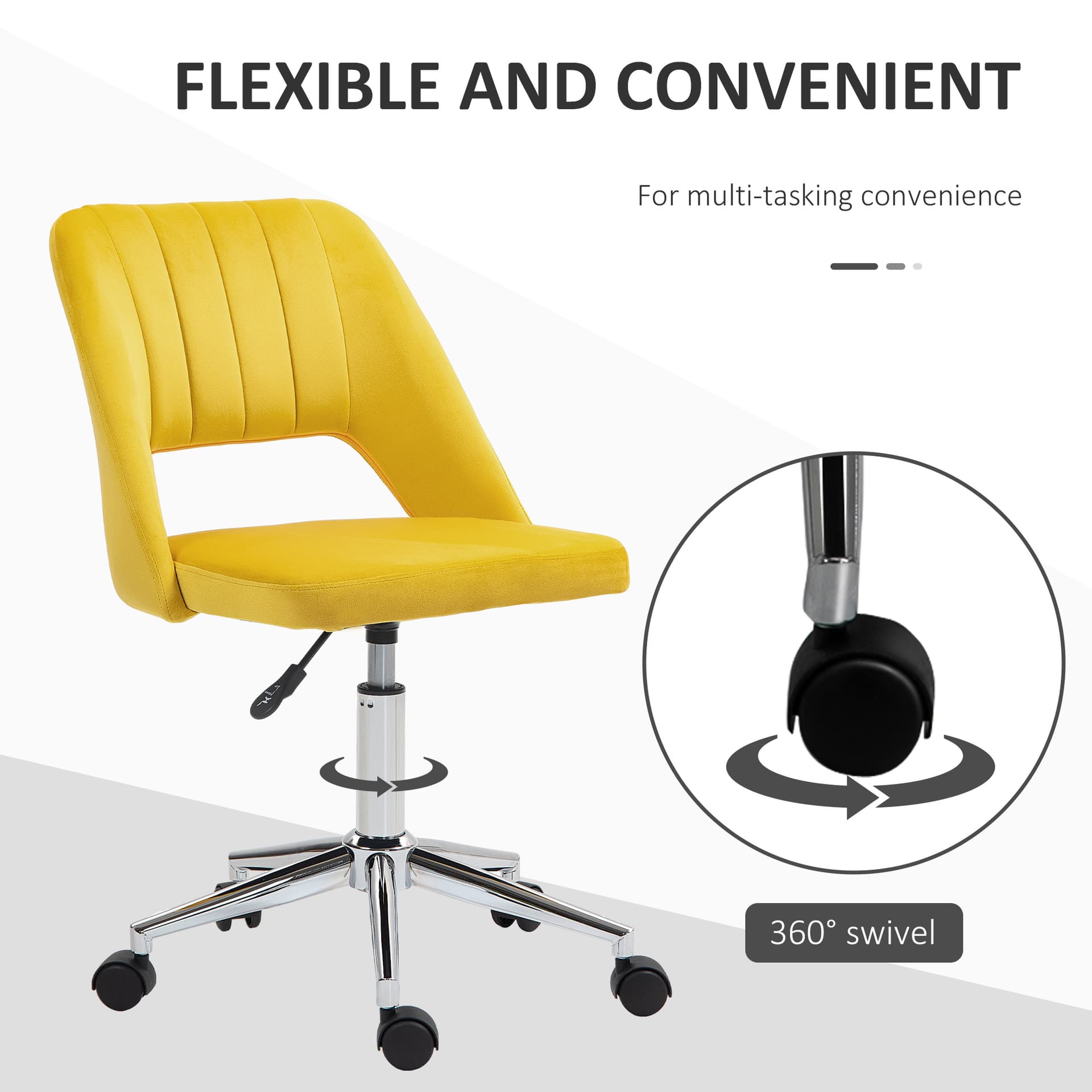 Mid Back Office Chair Velvet Fabric Swivel Scallop Shape Computer Desk Chair, Yellow