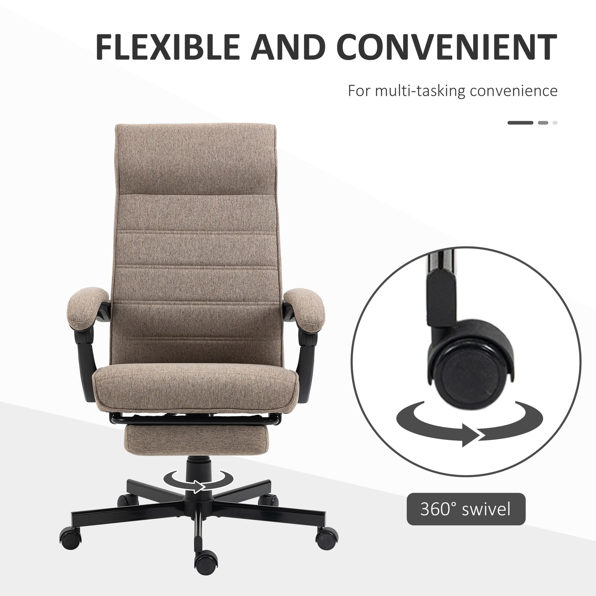 Office Chair, Linen High Back Computer Desk Chair, Swivel Recliner with Adjustable Height, Footrest and Padded Armrest, Brown