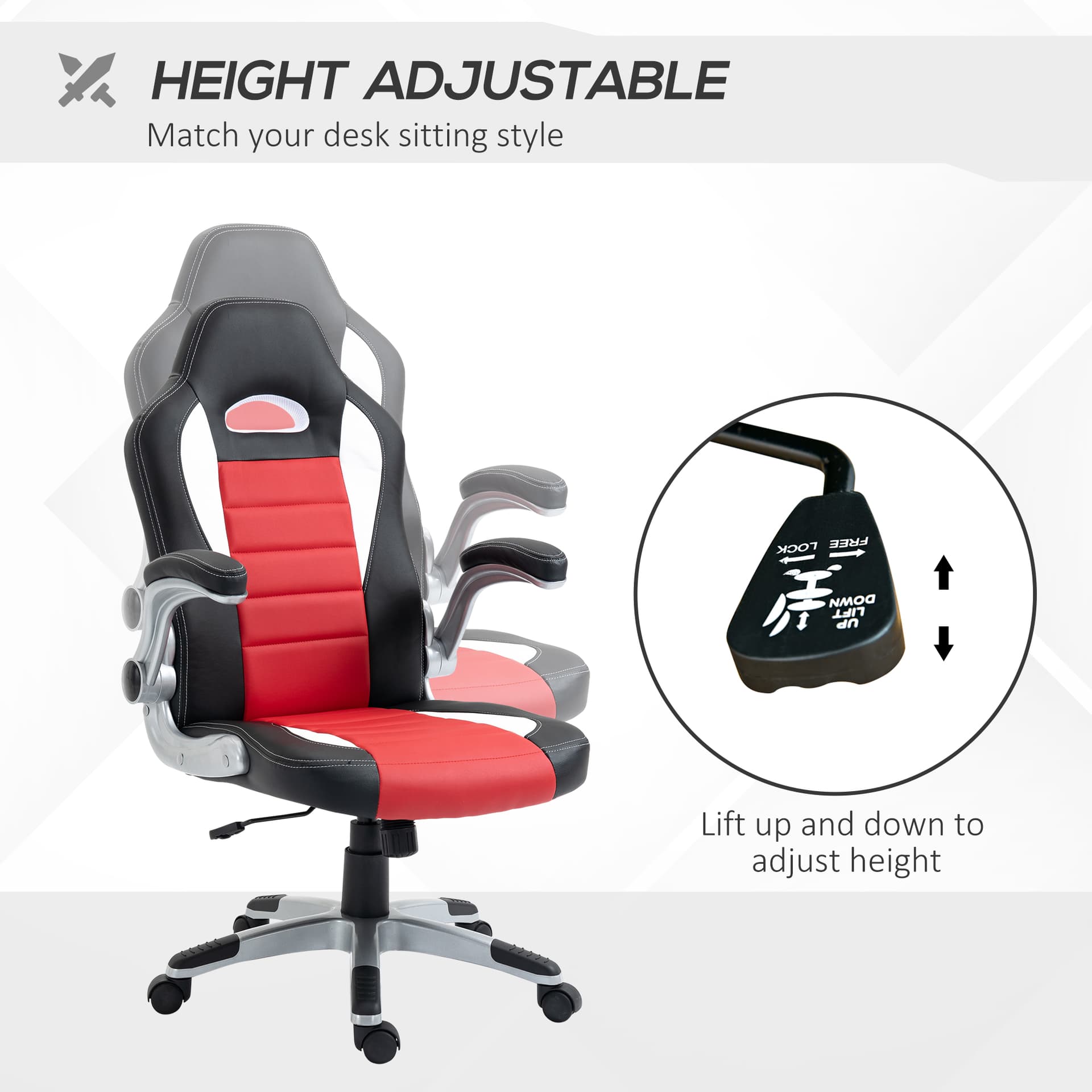 Racing Gaming Chair PU Leather Office Chair Executive Computer Desk Chair with Adjustable Height, Flip Up Armrest, Swivel Wheels, Red