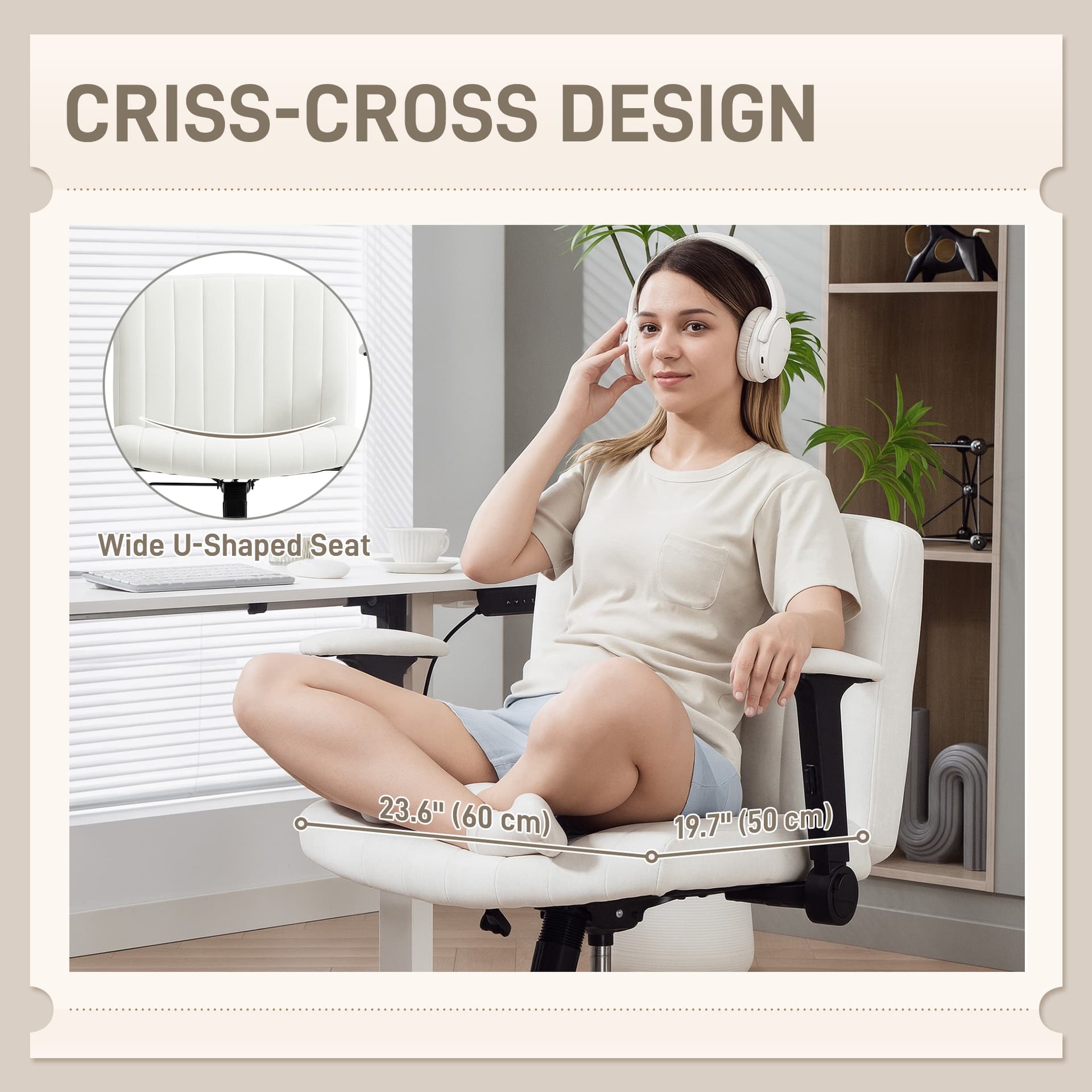 Criss Cross Chair with Flip-up Armrests, Wheels, Wide Office Chair with Adjustable Height, Tilting, Cream White