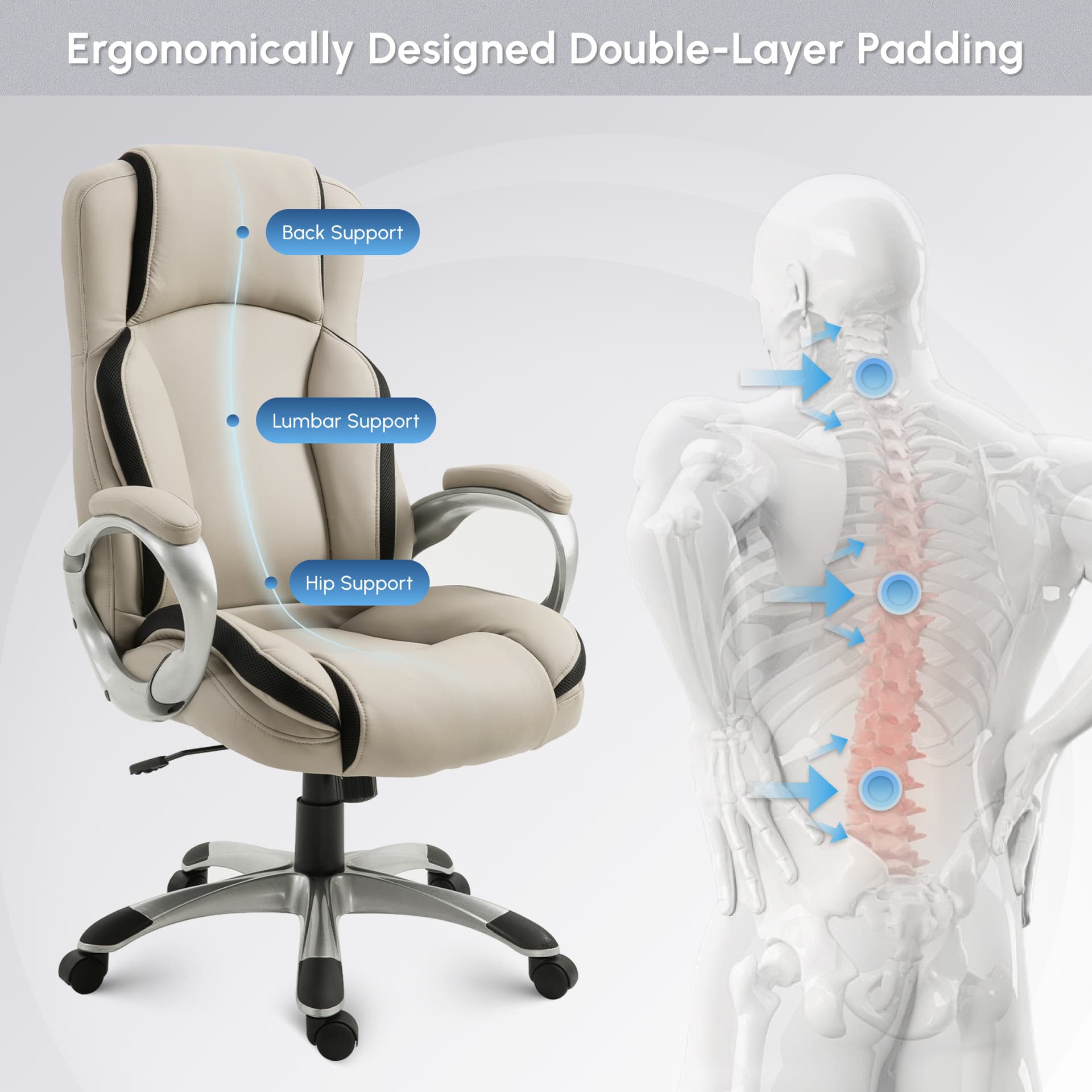 Ergonomic Office Chair PU Leather Executive on Rolling Wheels Task Computer Height Adjustable Swivel Ergonomic, Greige and Black