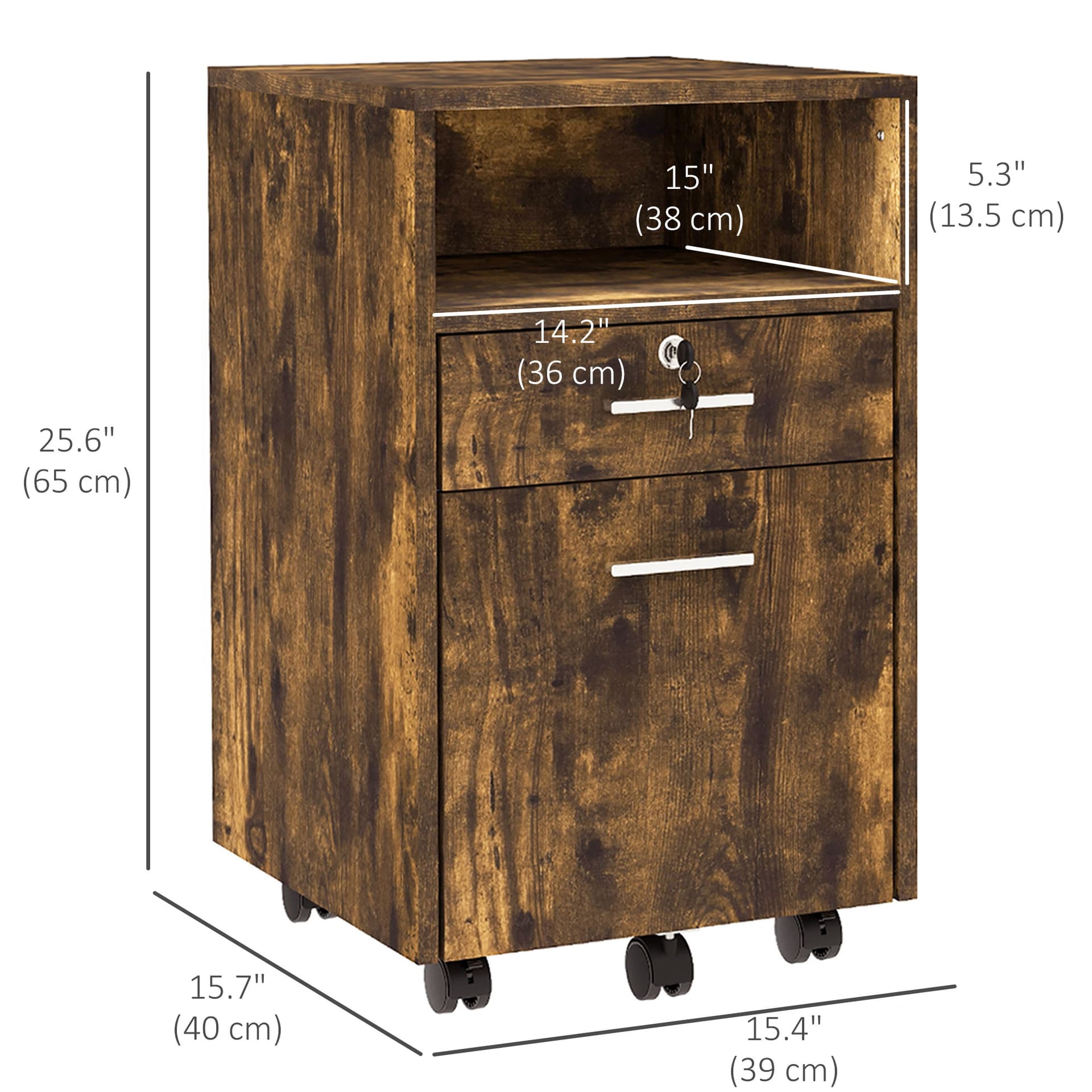 Small Filing Cabinet with 2 Drawers, Lockable Home Office Storage Cabinets on Wheels for A4, Letter Size, Rustic Brown