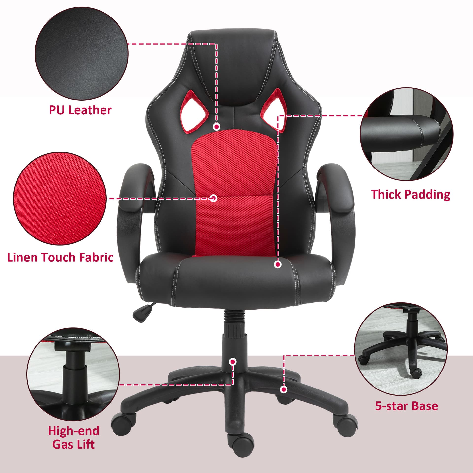 Racing Gaming Chair Office Chair Computer Desk Gamer Chair with Swivel Wheels, Padded Headrest, Tilt Function, Red