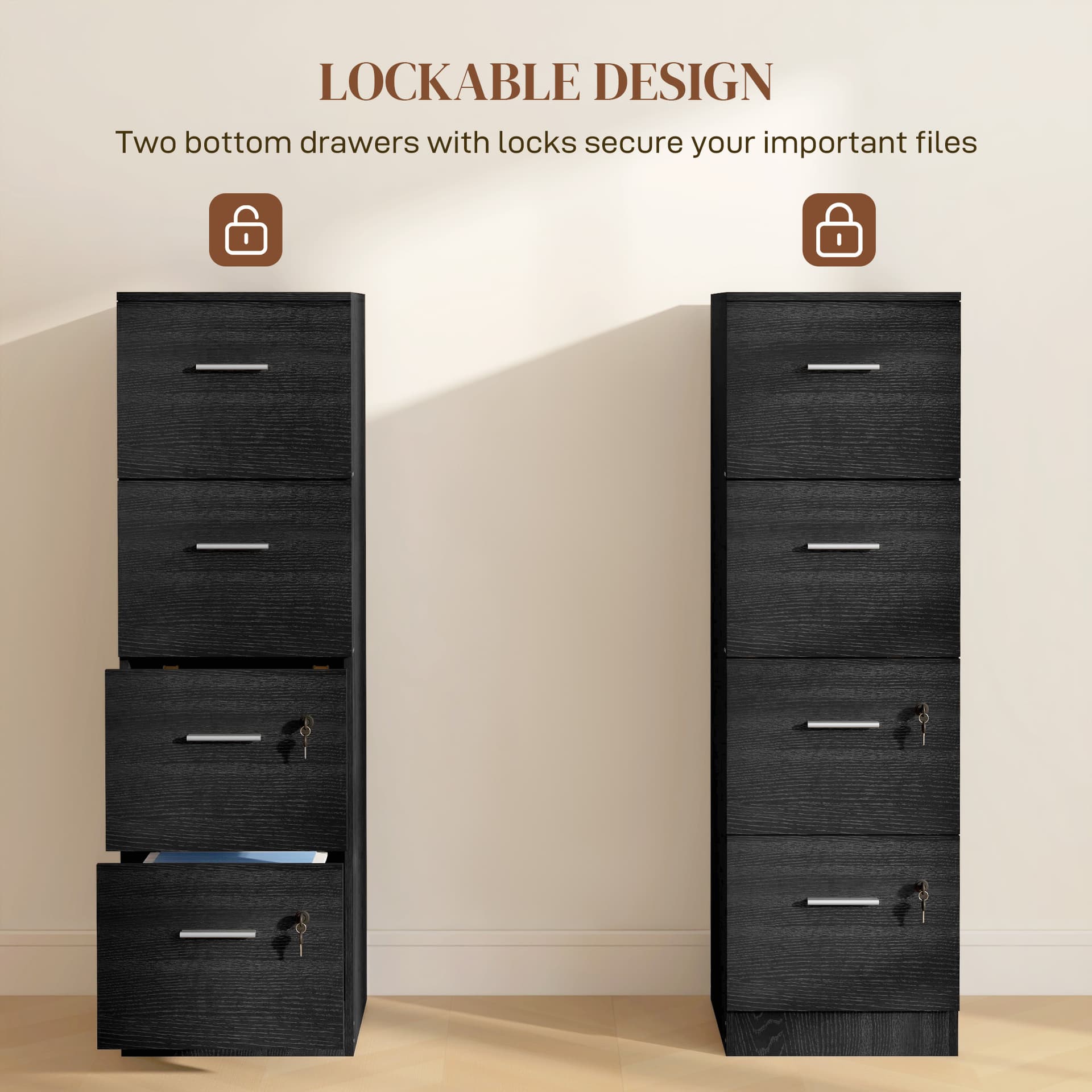 Vertical Filing Cabinet with Lock, 4 Drawer File Cabinet with Adjustable Hanging Bar for A4 and Letter Size, Black