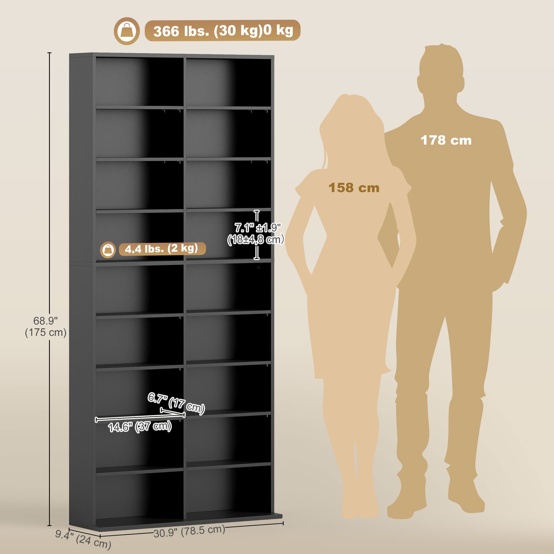 9-Tier DVD Shelf with 18 Compartments and 14 Adjustable Shelves, Holds 640 CDs, 360 DVDs or 430 Blu-rays, Black
