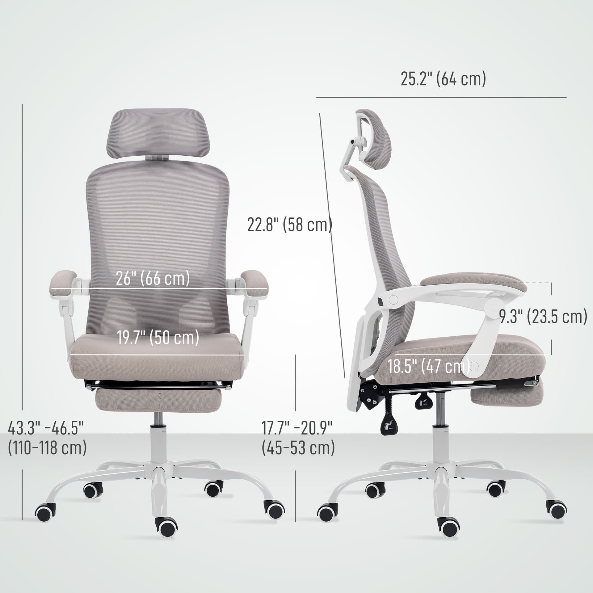 Ergonomic Office Chair, Mesh Reclining Desk Chair with Adjustable Lumbar Support, Headrest, Grey