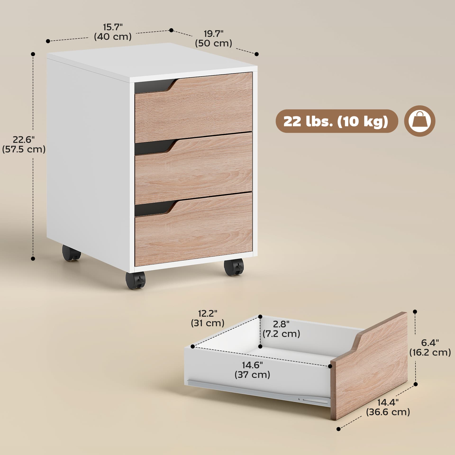 3 Drawer File Cabinet, Mobile Vertical Filing Cabinet with Wheels, Printer Stand with Storage for Home Office, Oak