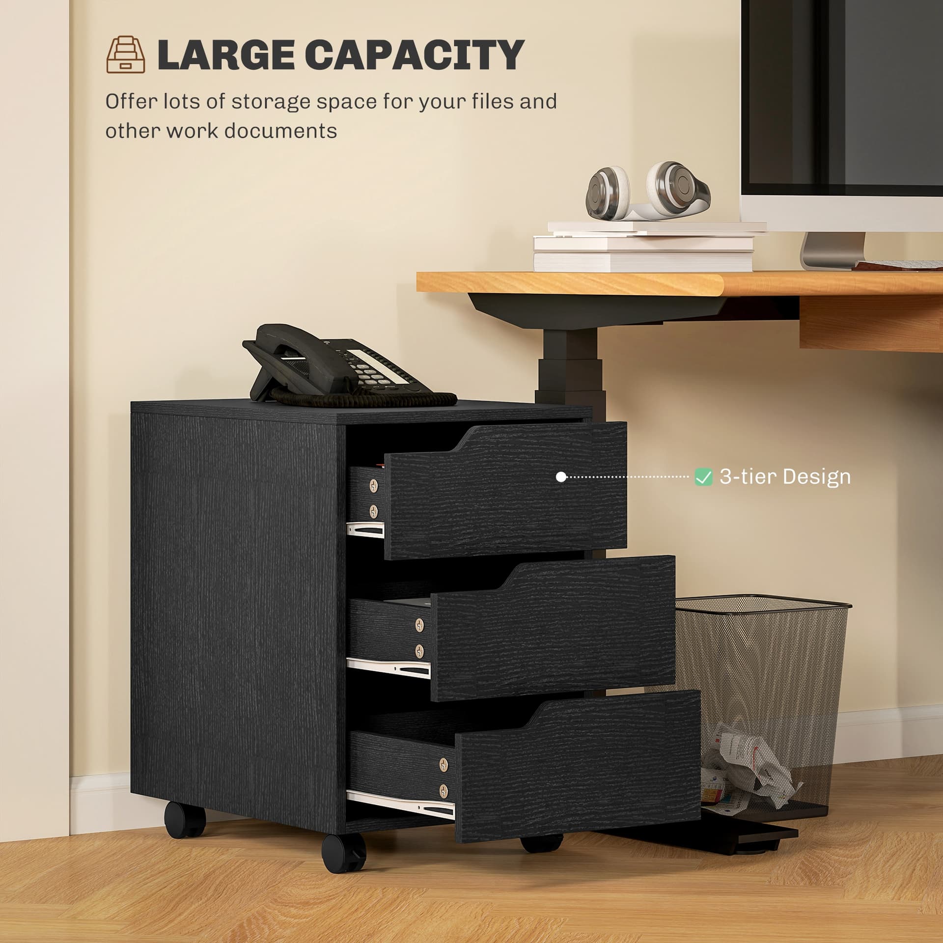 3 Drawer File Cabinet, Vertical Filing Cabinet with Wheels, Mobile Printer Stand with Storage for Home Office, Black