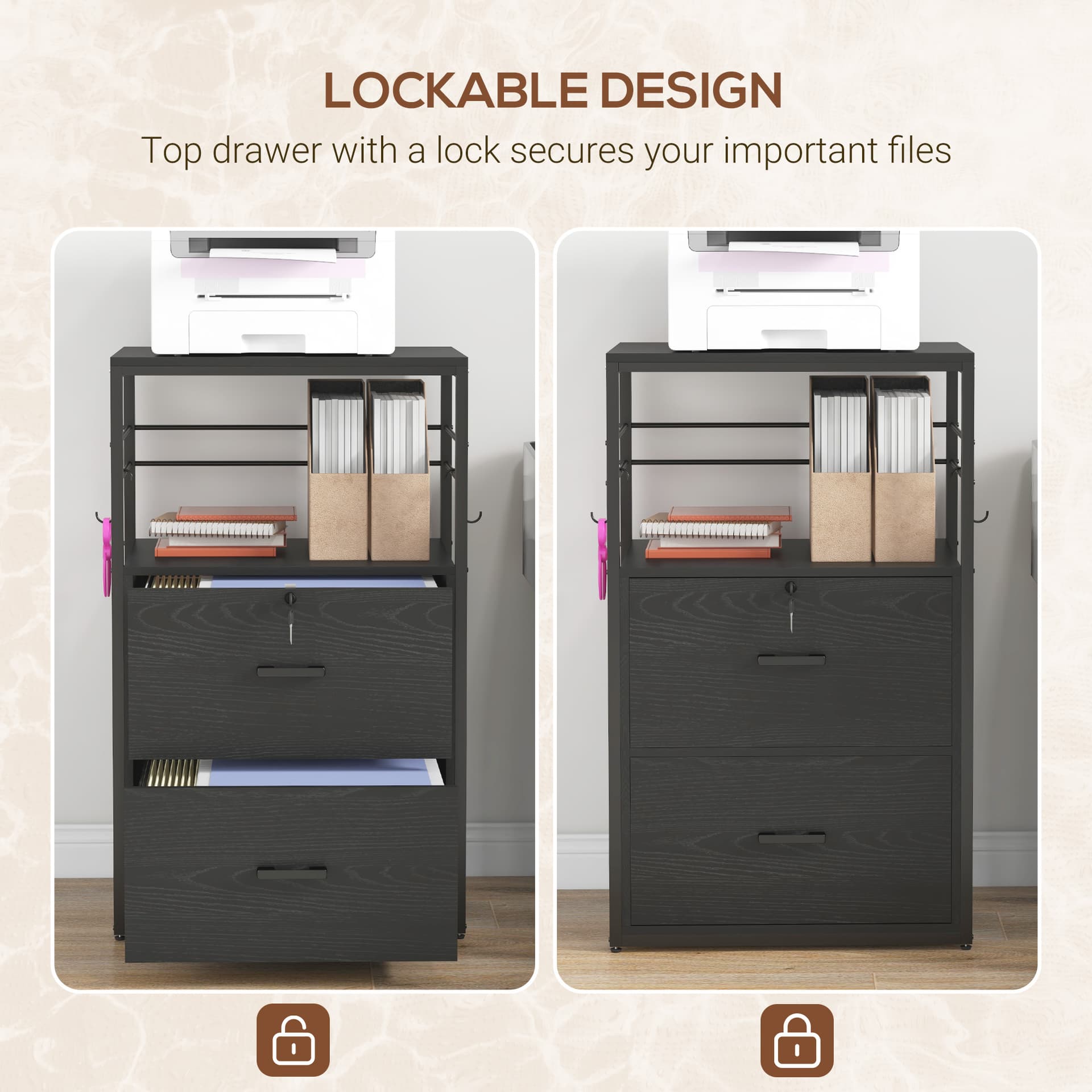 Lockable Filing Cabinet, 2 Drawer File Cabinet with Adjustable Hanging Bar for Letter, A4 and Legal Size, Black