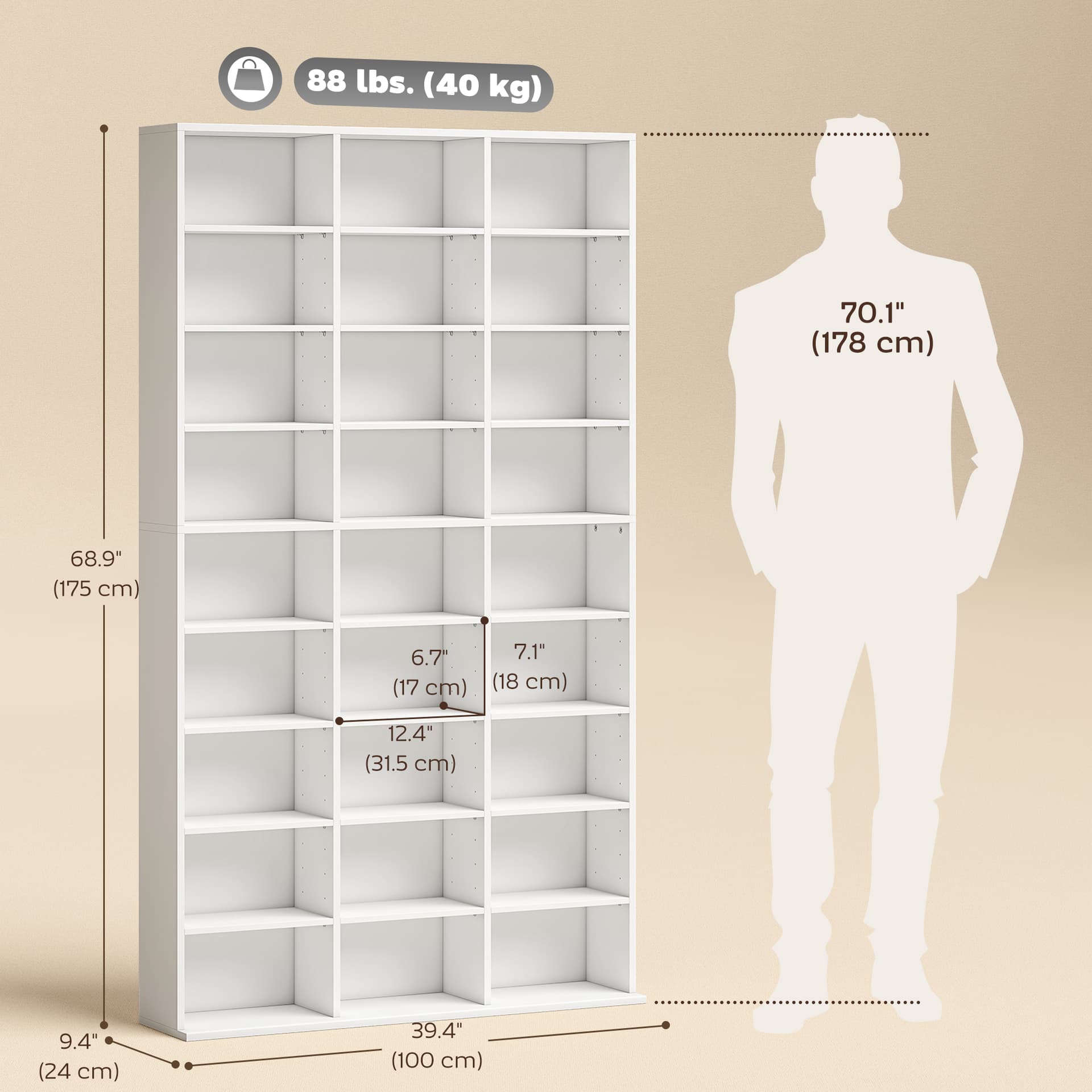 Media Storage Cabinet, 9-Tier DVD Shelf with 21 Adjustable Shelves, Holds 835 CDs, 500 DVDs or 640 Blu-rays, White