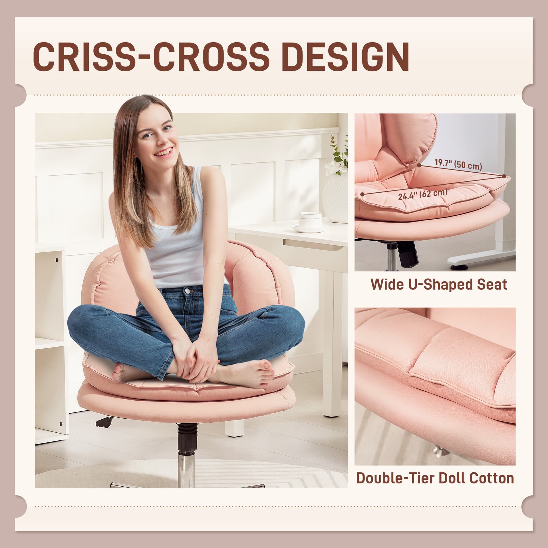 Criss Cross Chair, Armless Wide Office Chair with Leathaire Upholstery, Tilting, No Wheels, Pink