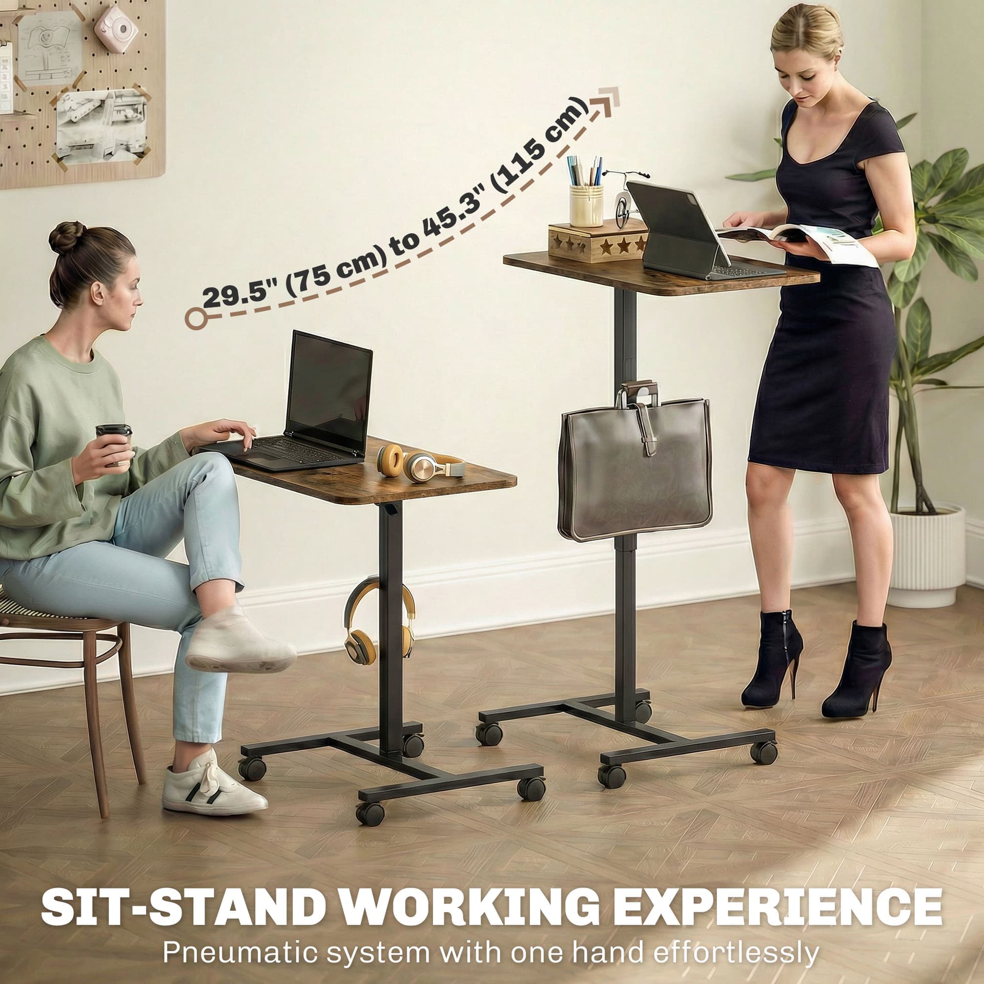 Height Adjustable Standing Desk, Pneumatic Sit Stand Desk with Wheels and Headphone Hook, Rustic Brown - Office Desks & Work Stations - Office Furniture