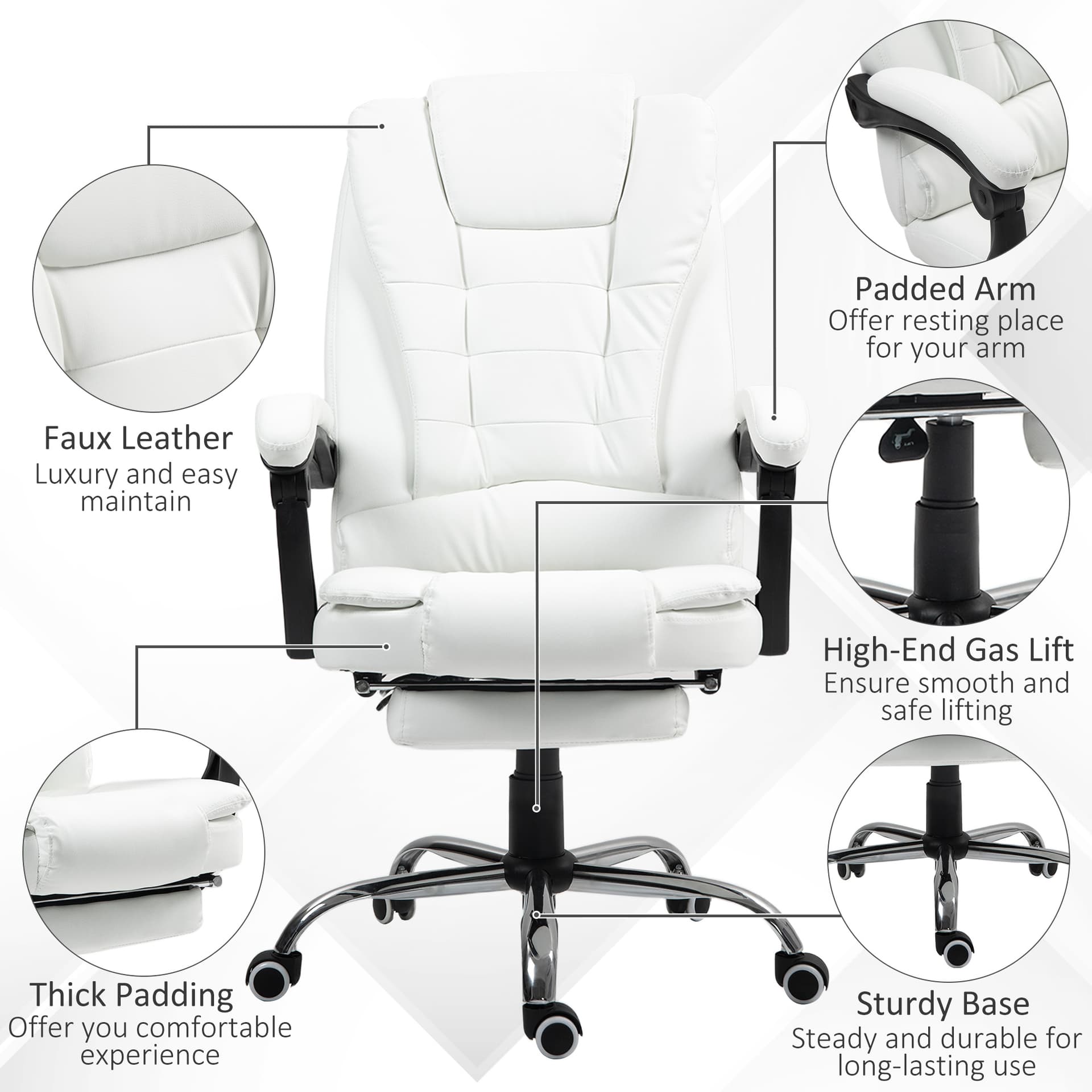 High Back Office Chair PU Leather Executive Office Chair with Retractable Footrest Padded Armrest White