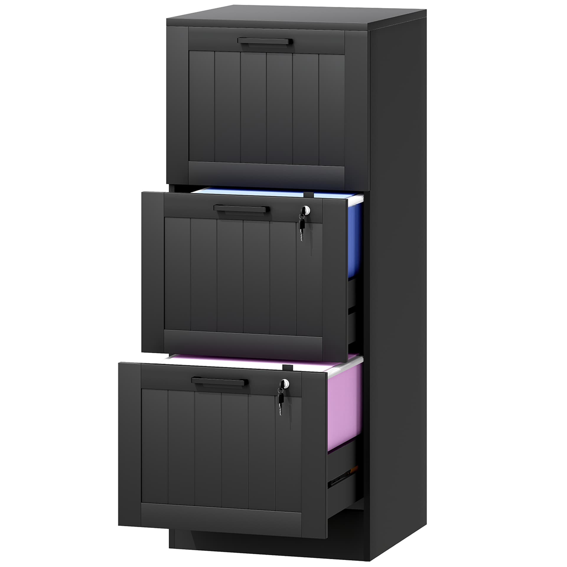 3 Drawer Filing Cabinet with Lock, Office Storage Cabinet with Adjustable Hanging Bars for A4 Letter Size Files, Black - Filing Cabinets - Office Furniture