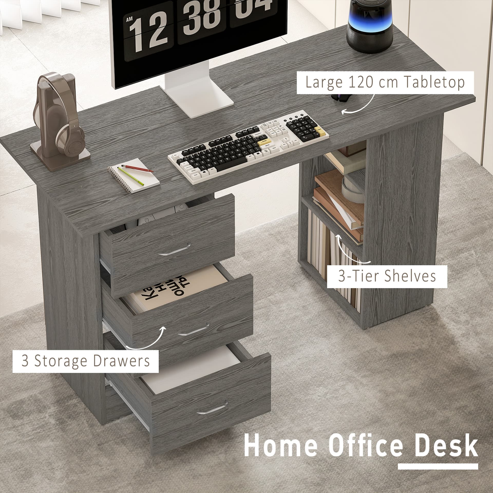 Computer Desk, 47" Writing Table with 3-Tier Shelves and 3 Reversible Drawers for Home Office, Bedroom, Grey