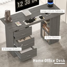 Computer Desk, 47" Writing Table with 3-Tier Shelves and 3 Reversible Drawers for Home Office, Bedroom, Grey