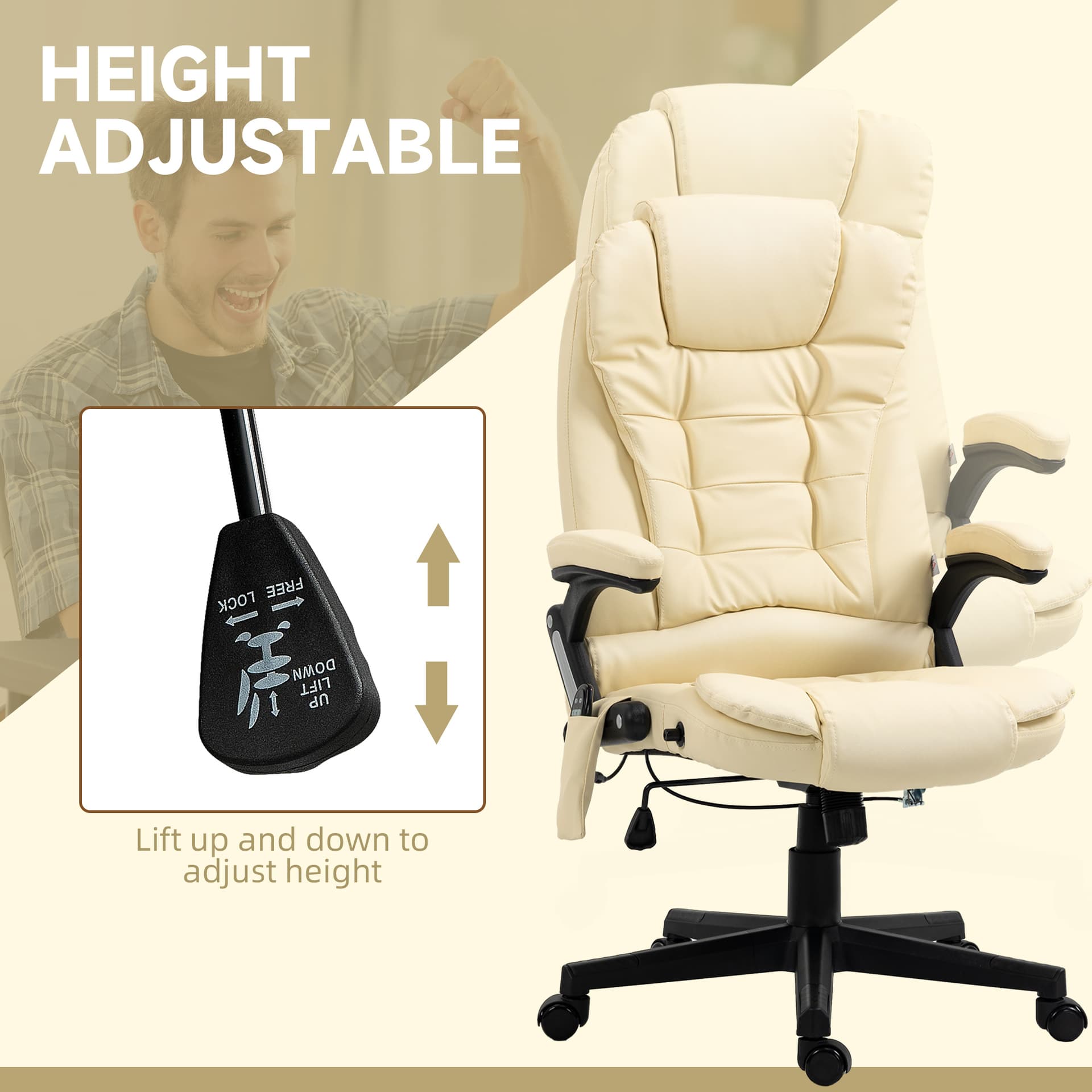 Office Chair Adjustable Heated Ergonomic Massage Swivel Vibrating High Back Leather Executive Chair Office Furniture (Beige)