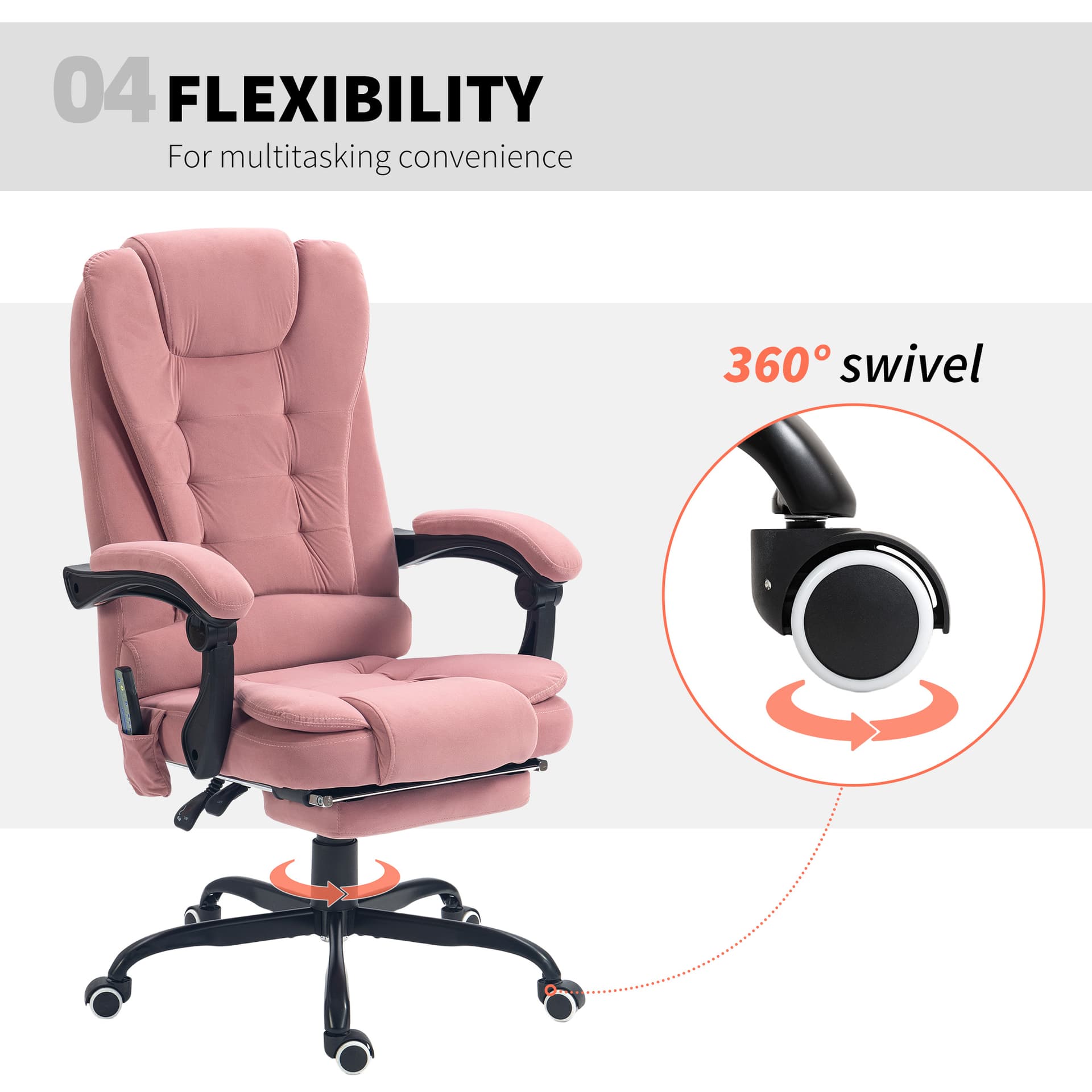 7-Point Vibrating Massage Chair, Reclining Office Chair with Footrest, Reclining Back, Adjustable Height, Pink