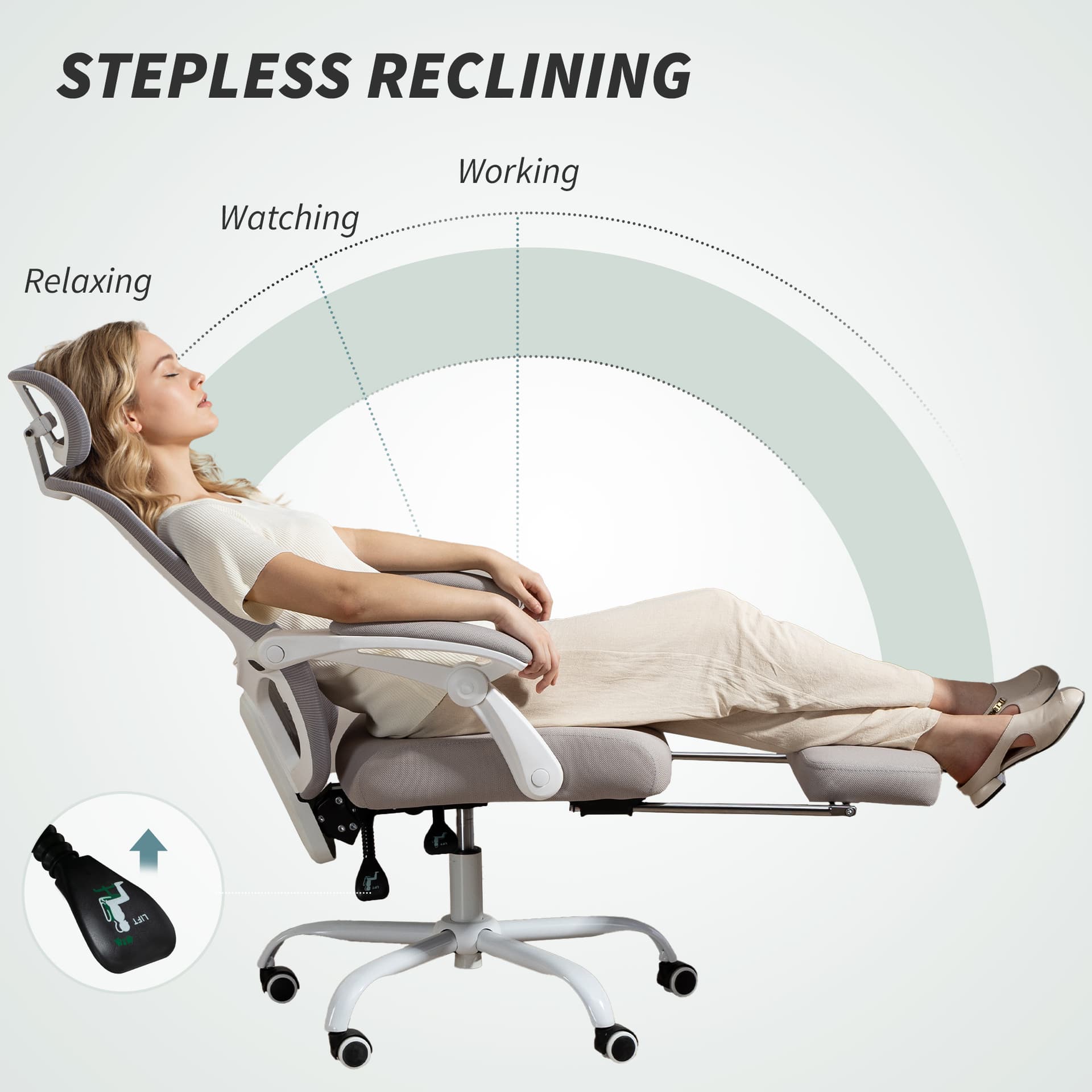 Ergonomic Office Chair, Mesh Reclining Desk Chair with Adjustable Lumbar Support, Headrest, Grey
