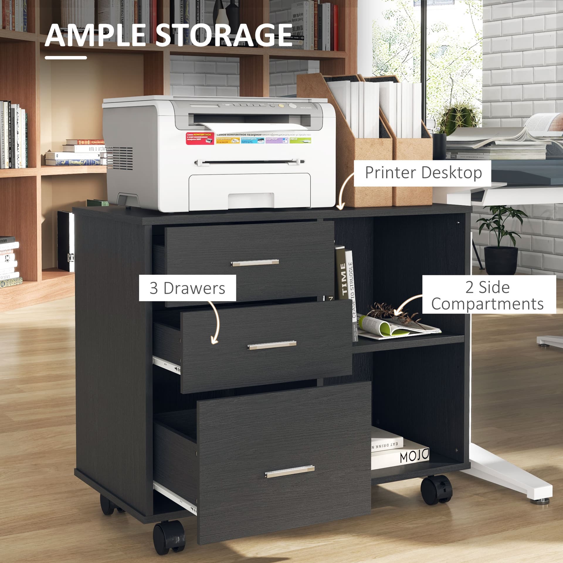 Modern Lateral Filing Cabinet, 3 Drawer File Cabinet for Letter and A4 Size Documents, Mobile, Printer Stand with Open Shelves, Rolling Wheels, Black