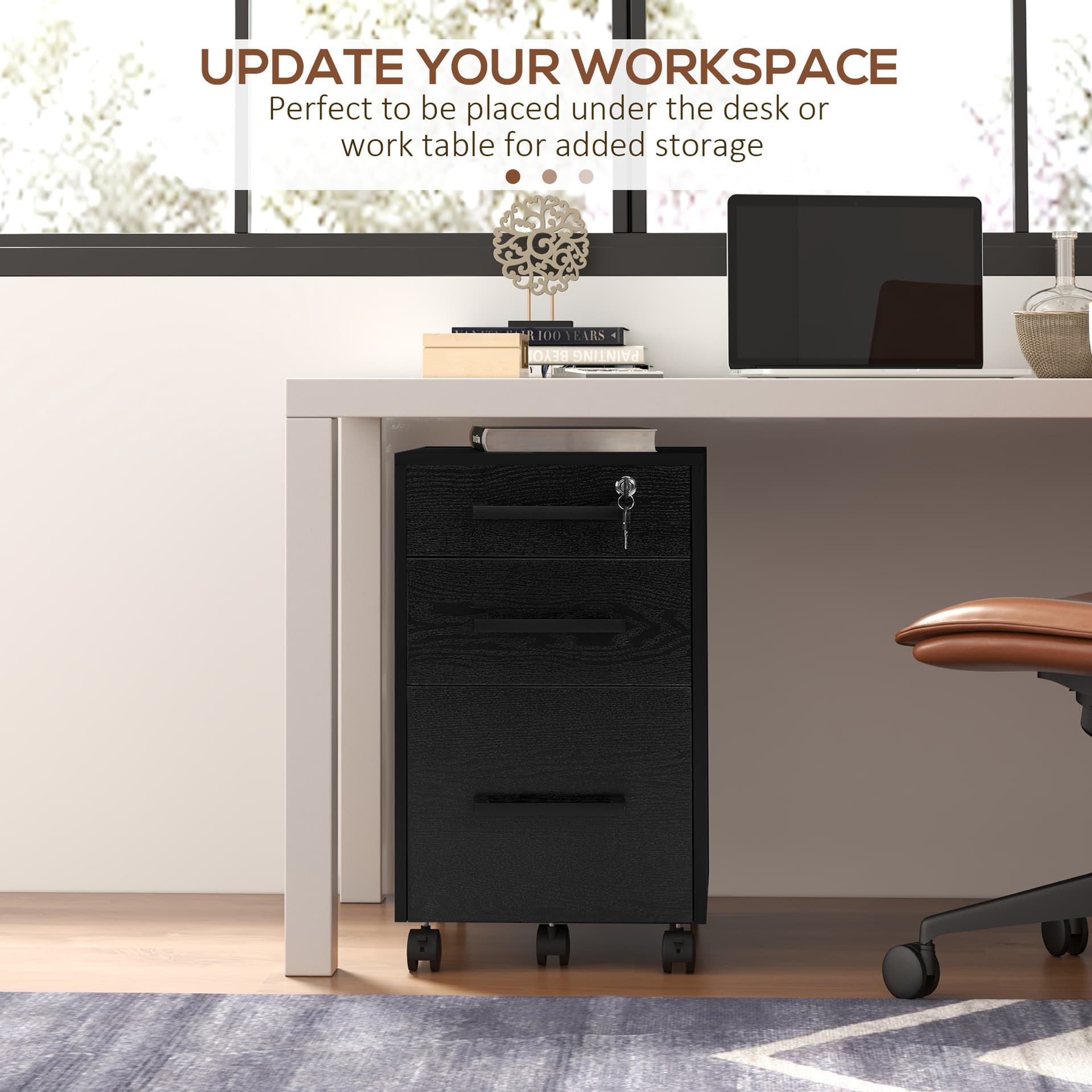 Lockable Vertical File Cabinet with Lock, 3 Drawer Filing Cabinet with Hanging Bars for Letter and A4 Size, Black