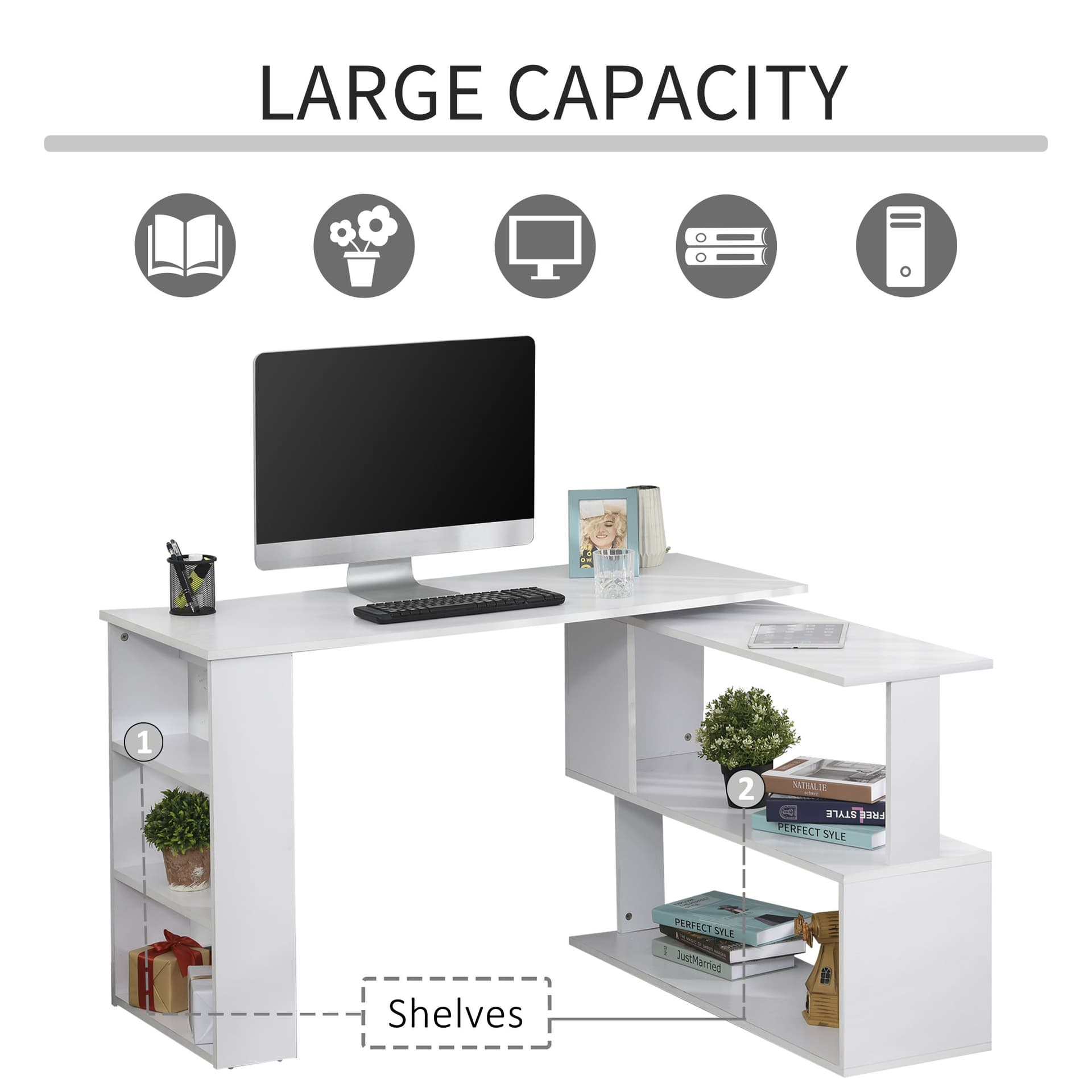 47" L Shaped Desk, 360° Rotating Corner Desk, Reversible Computer Writing Table Workstation with Storage Shelf for Home Office, White