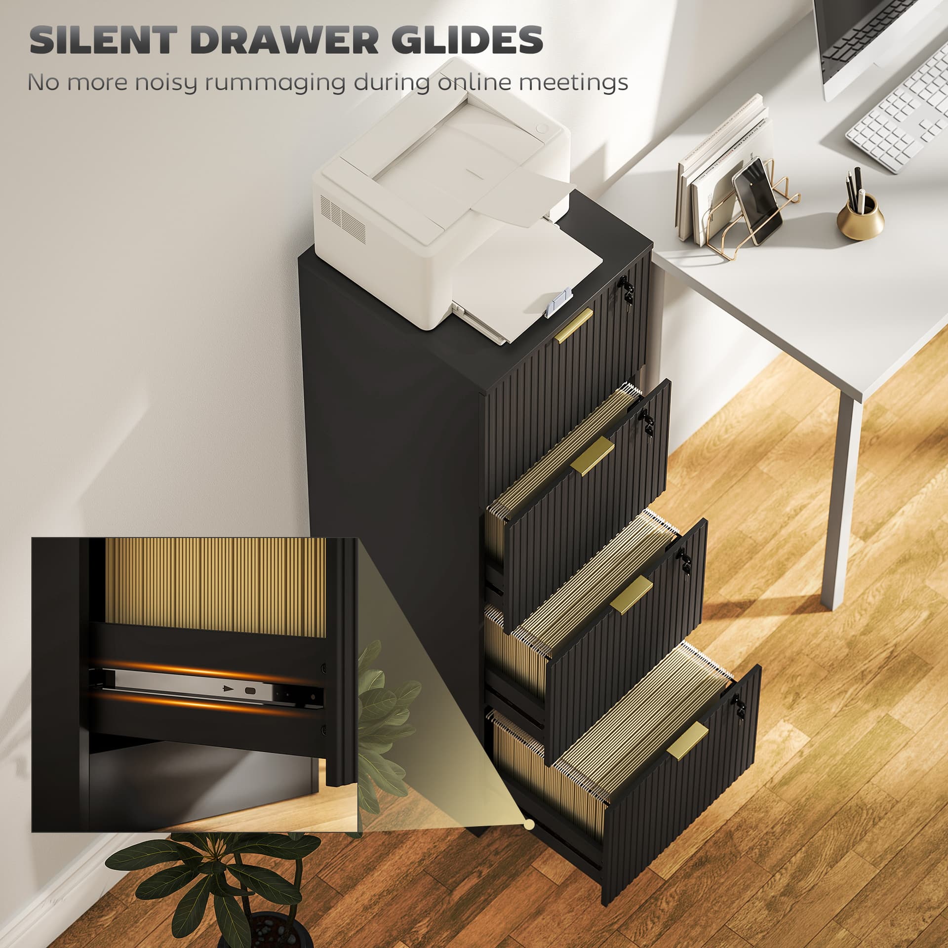 Lockable Filing Cabinet with 4 Fluted Drawers, File Cabinet with Adjustable Hanging Rails for A4 Letter Files, Black