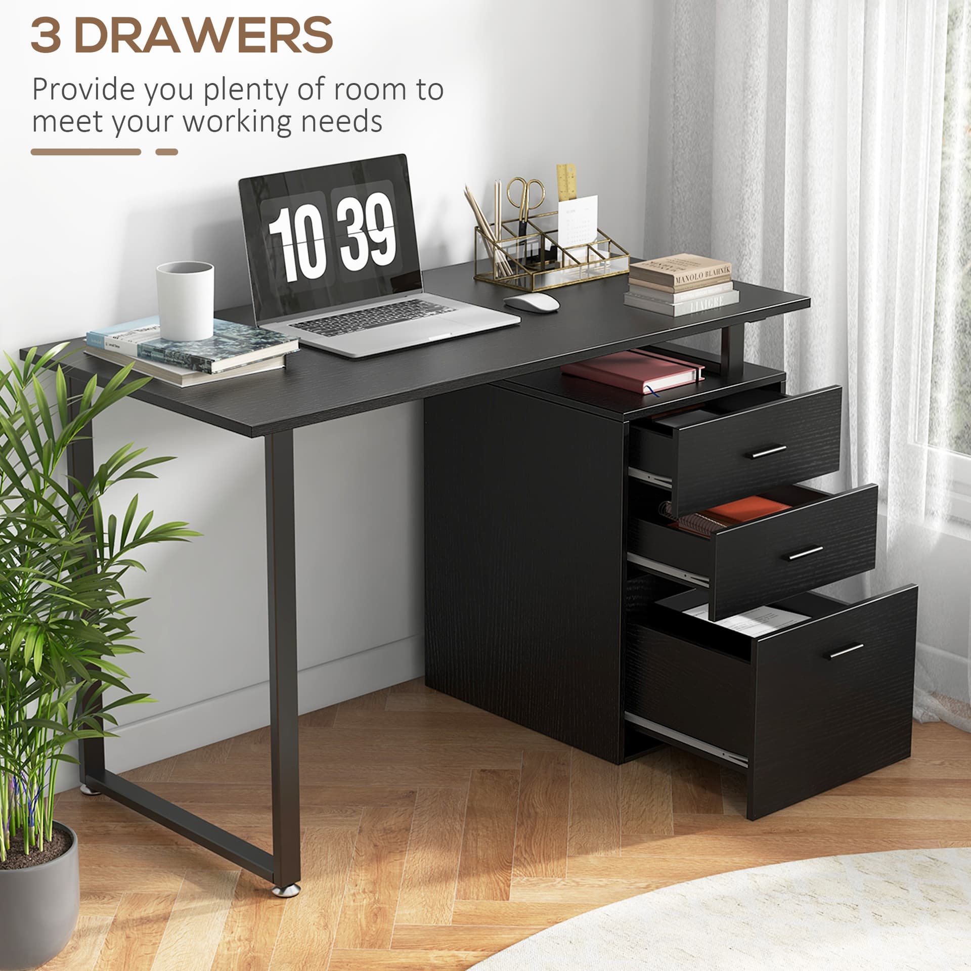 47" Computer Desk with Drawers, Modern Writing Desk with Storage File Drawers for Home Office, Study, Black