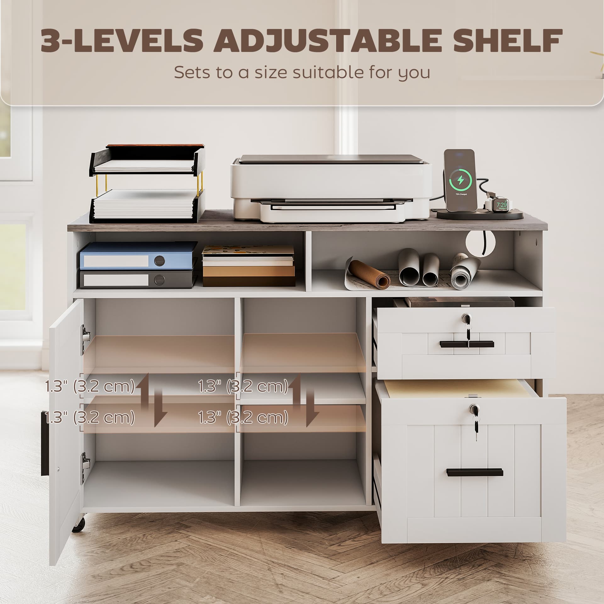 Mobile Printer Stand with Charging Station and USB Ports, Locking Filing Cabinet for A4 and Letter Size, White