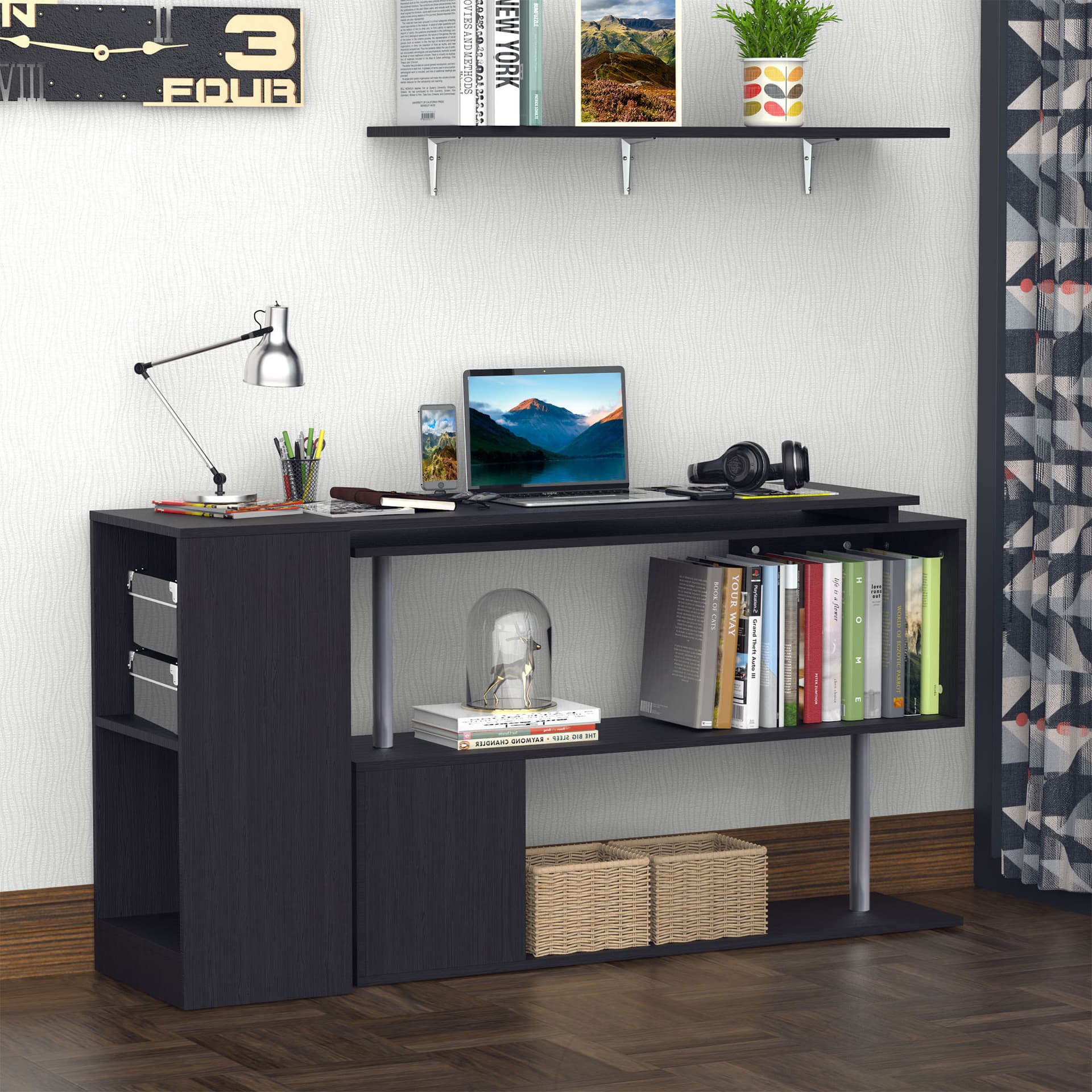 55" Corner Computer Desk, 360° Rotating L-Shaped Desk, Home Office Workstation with 3-Tier Shelves, Bookshelf, Black