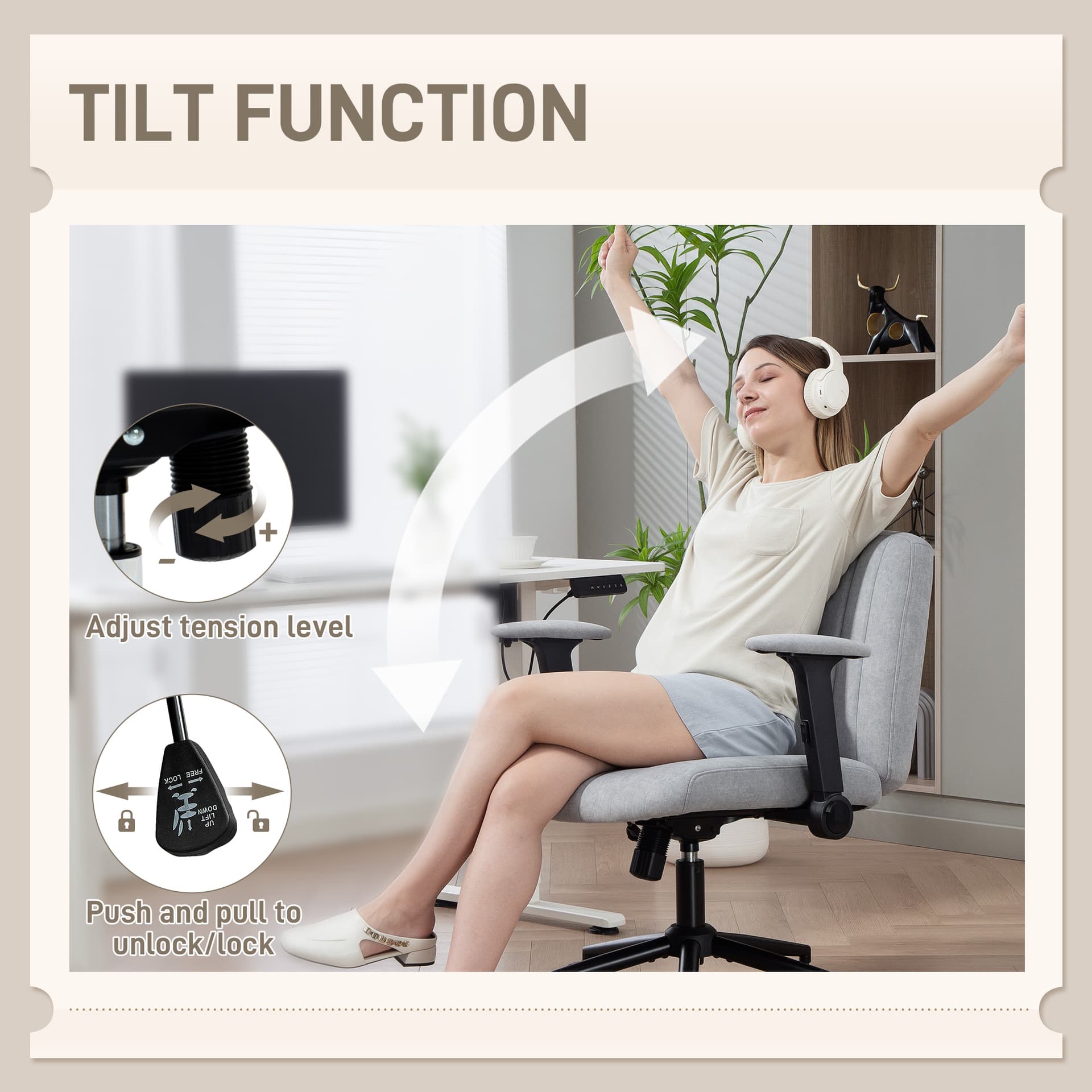 Criss Cross Chair with Flip-up Armrests, Wheels, Wide Office Chair with Adjustable Height, Tilting, Grey