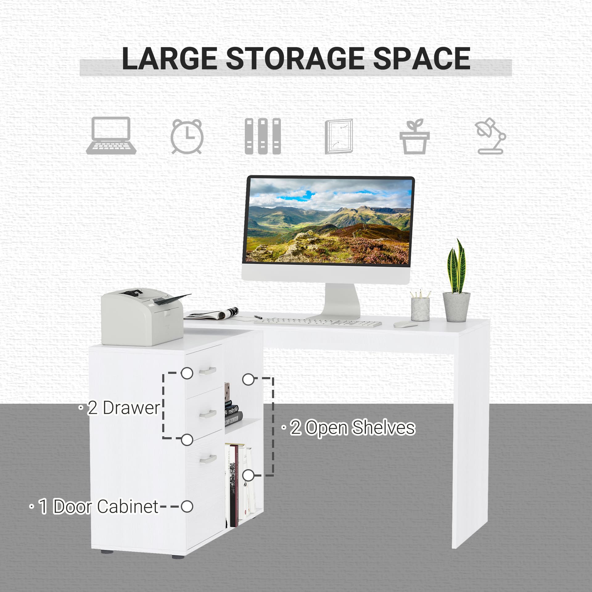 L-Shaped Desk, Computer Corner Desk with Storage Shelf, Drawer, PC Table Home Office Workstation, White