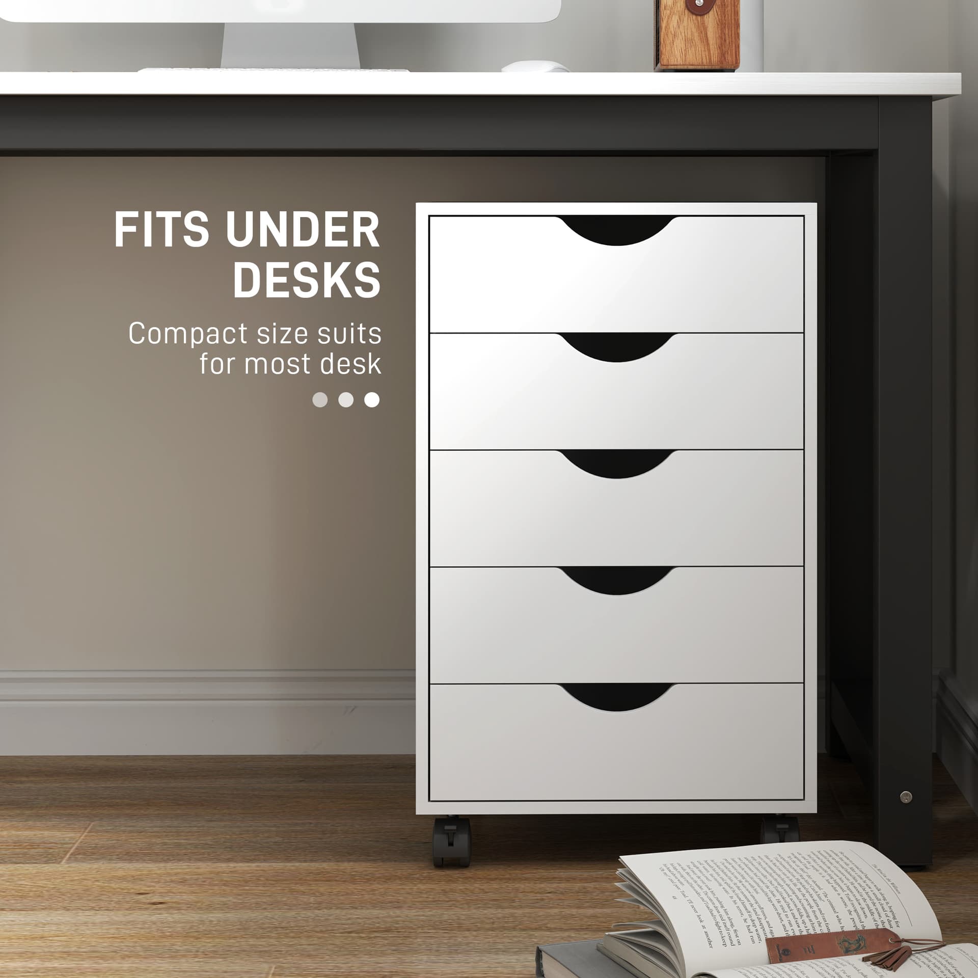 File Cabinet with 5 Drawer Wheels, 15.7" x 15.7" x 26.4", White