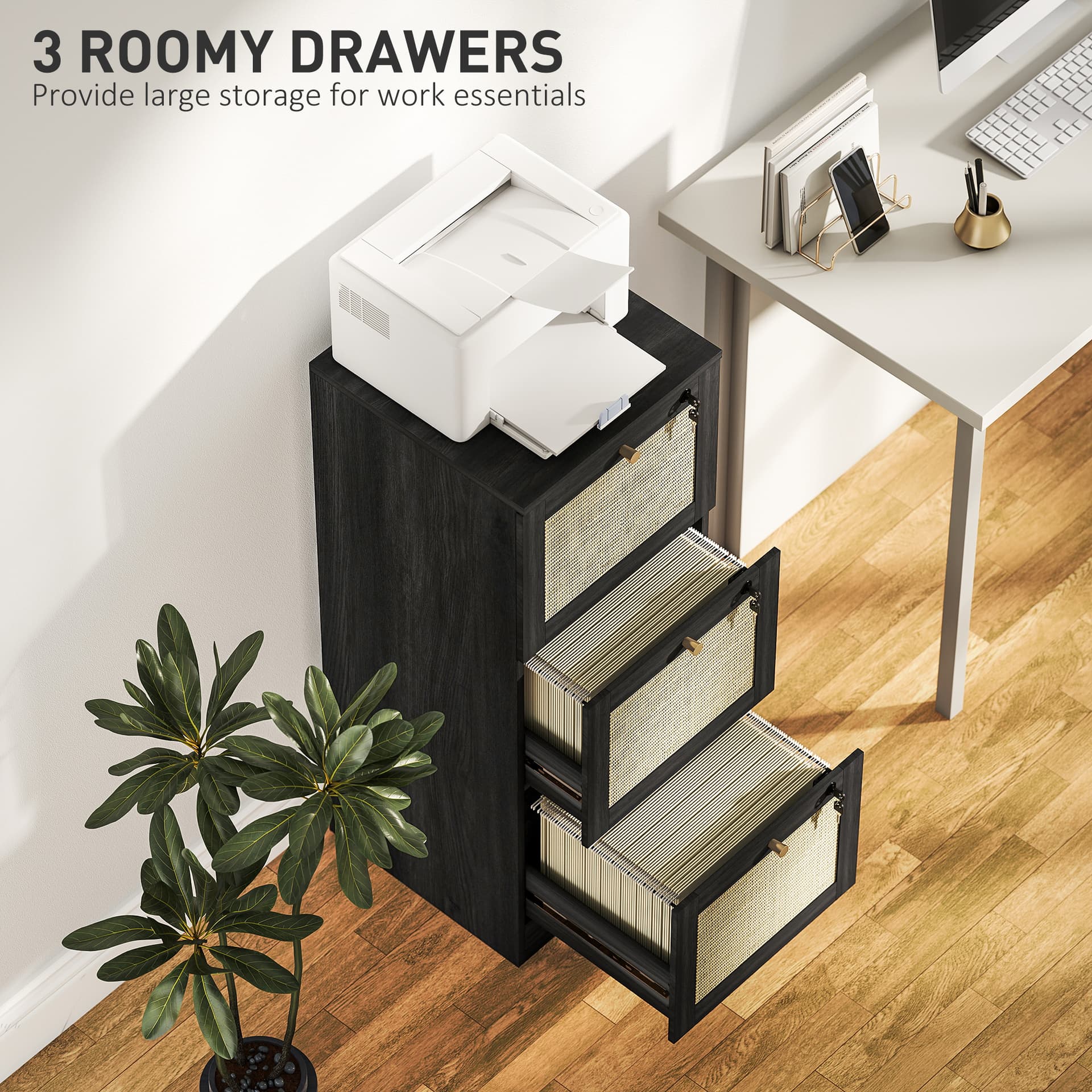 3 Drawer Filing Cabinet with Lock, Boho File Cabinet for A4 Letter Size Files with Decorative Rattan Accents, Black