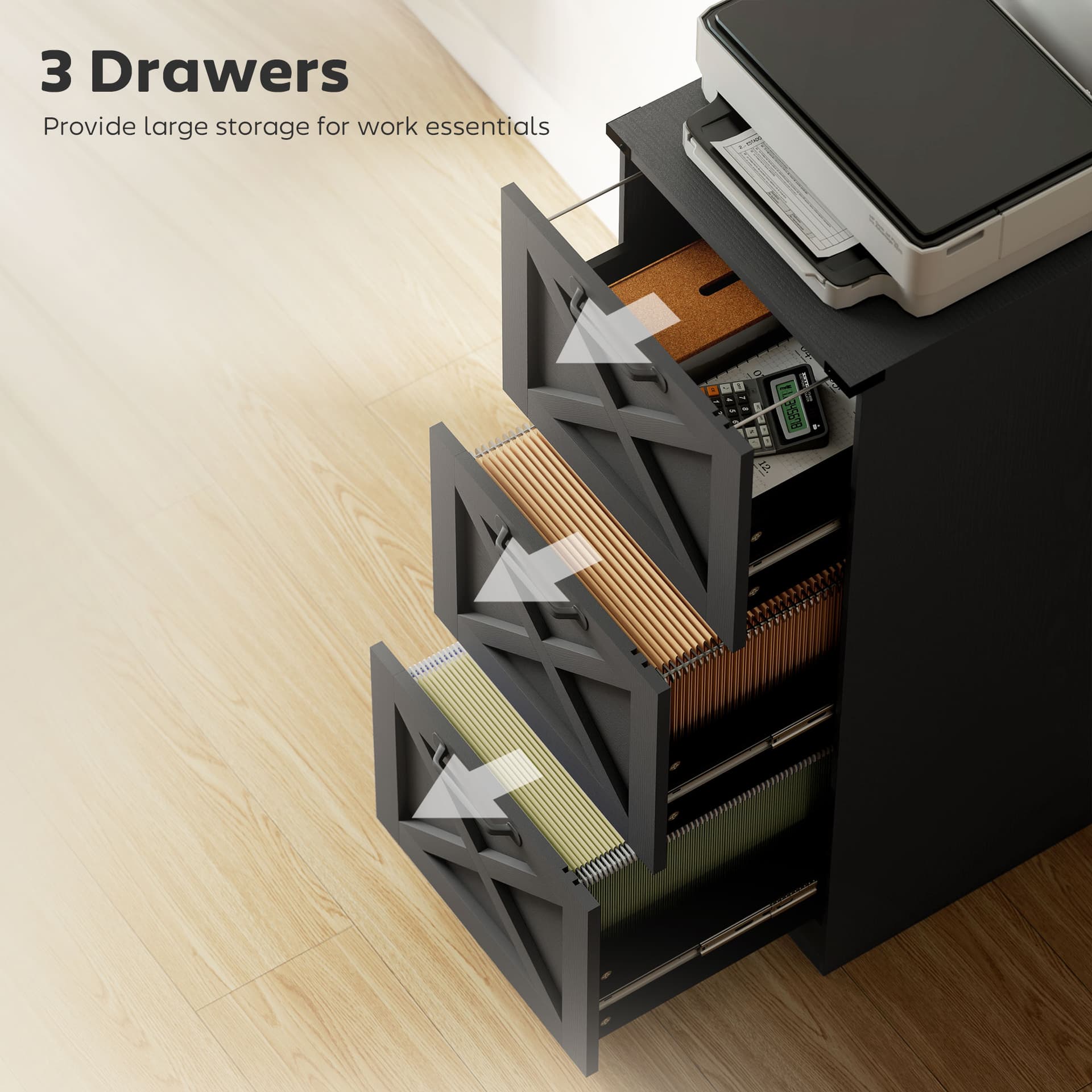 3 Drawer File Cabinet with Silent Slides, Vertical Farmhouse Filing Cabinet Fits Letter/A4 Size Home Office, Black