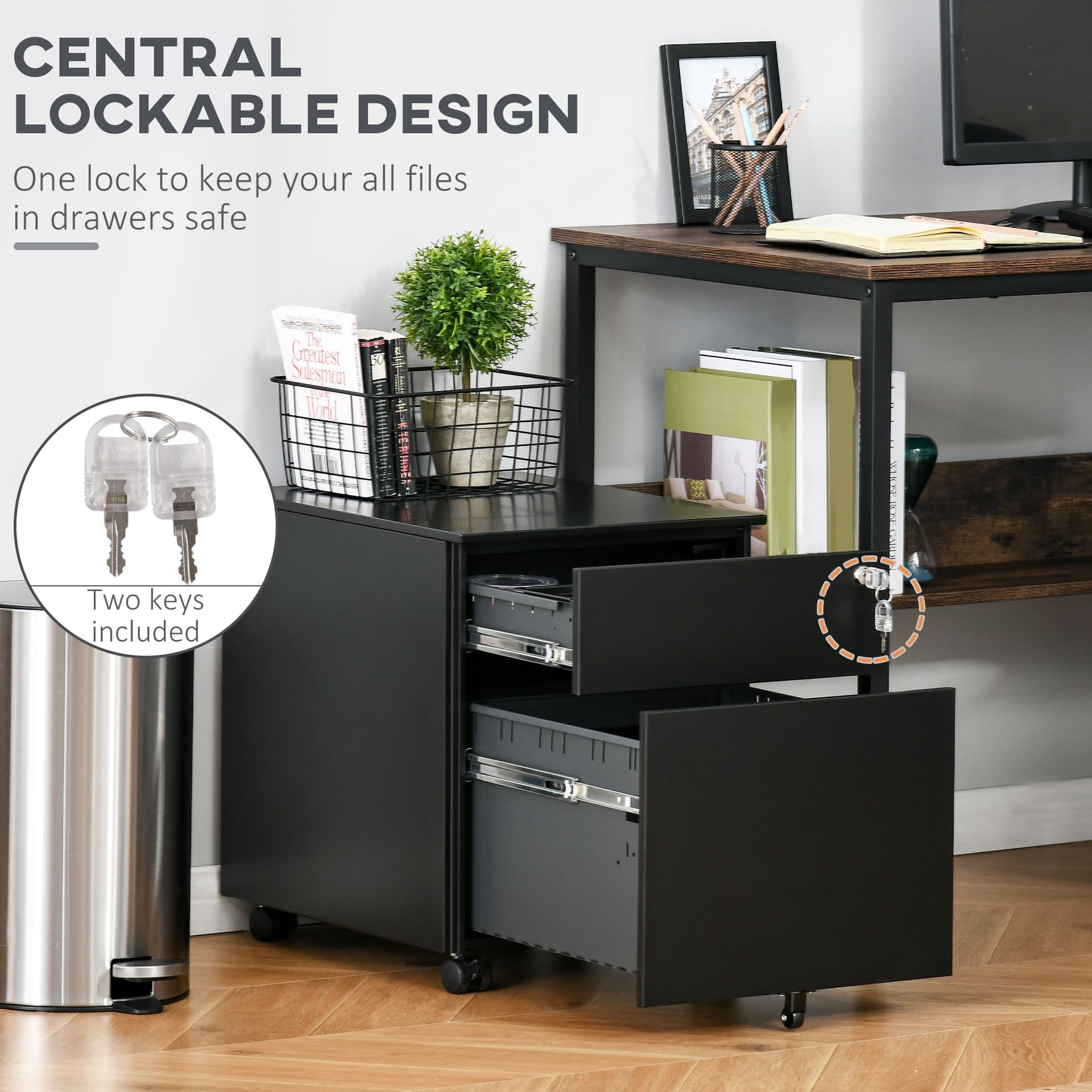 Lockable File Cabinet, Steel Filing Cabinet on Wheels for Legal, A4, Letter Size, with Pencil Tray for Home Office