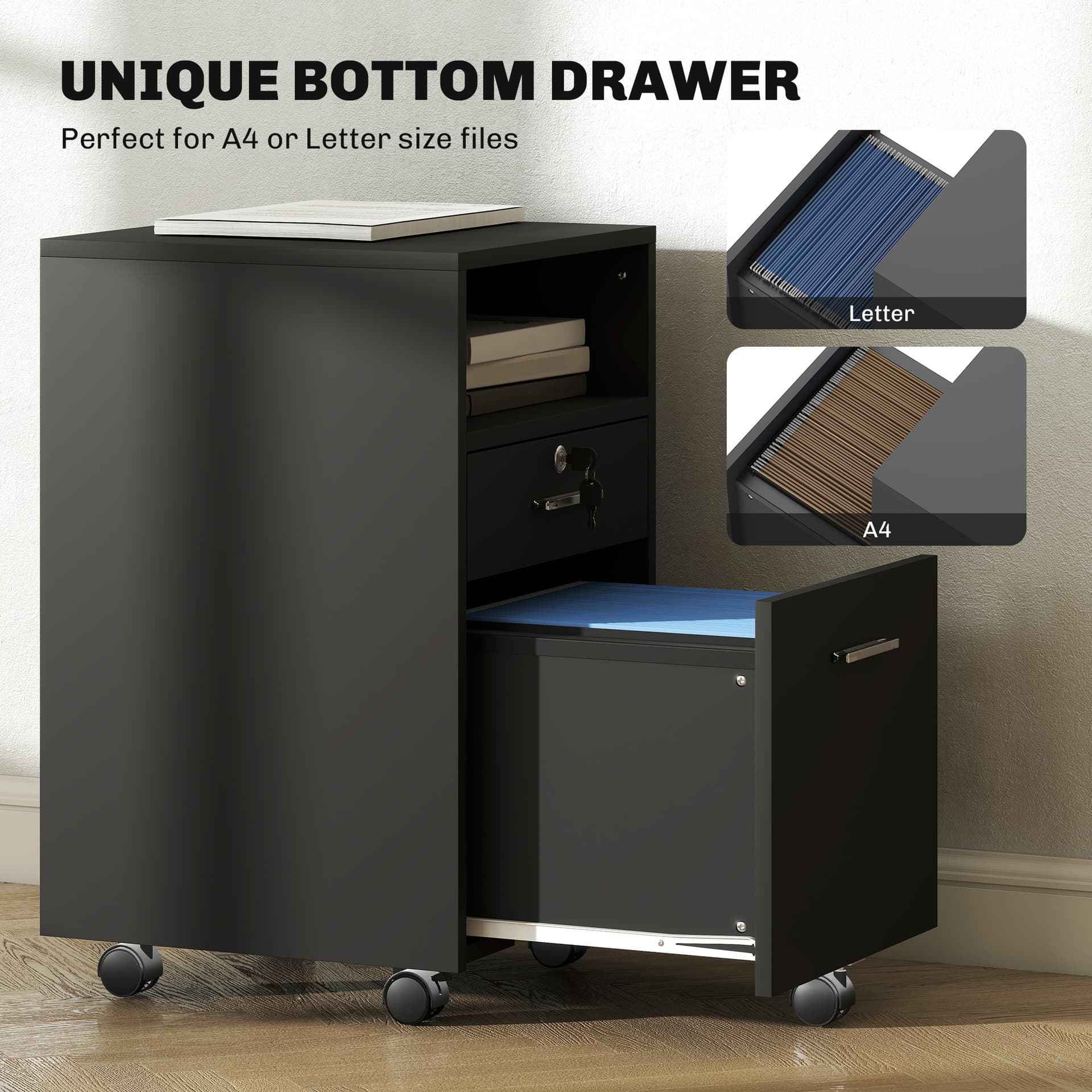 Small Filing Cabinet with 2 Drawers, Lockable Home Office Storage Cabinets on Wheels for A4, Letter Size, Black
