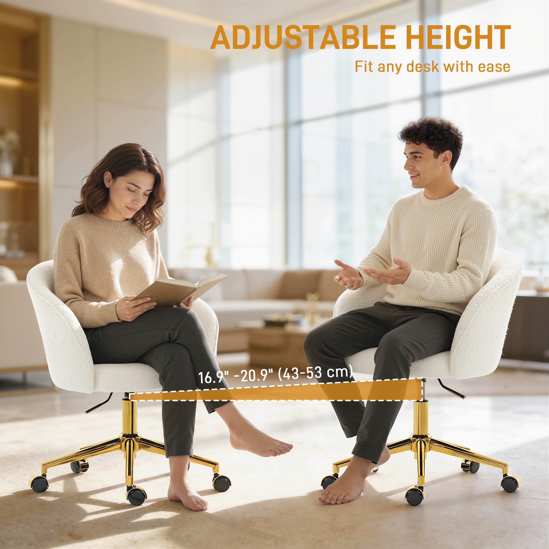 Office Chair, Teddy Fleece Upholstered Vanity Desk Chair, Cream White