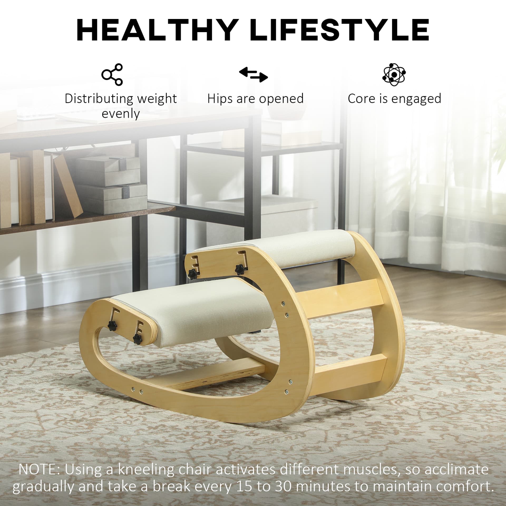 Ergonomic Kneeling Chair, Adjustable Rocking Wood Kneeling Stool, Desk Chair, Improve Posture, Cream White