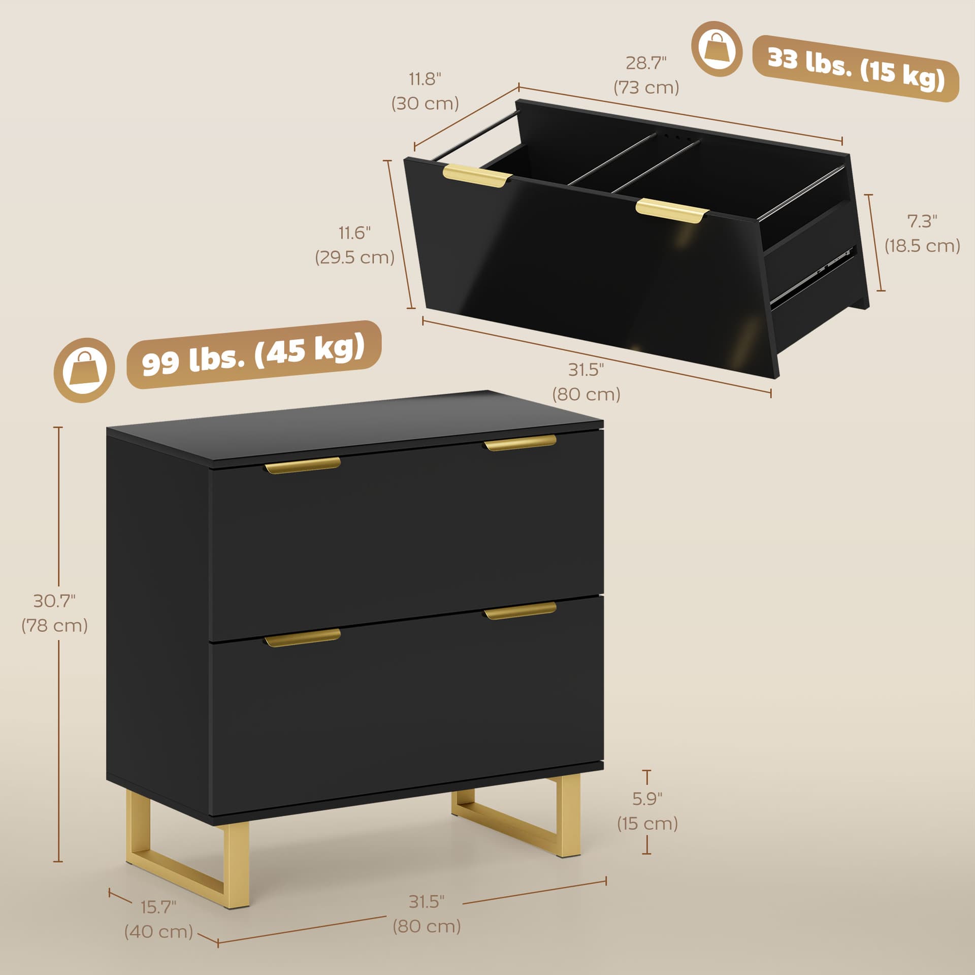 Lateral File Cabinet with 2 Drawers, Modern Filing Cabinet for Letter/A4/Legal Size Files, High Gloss Black