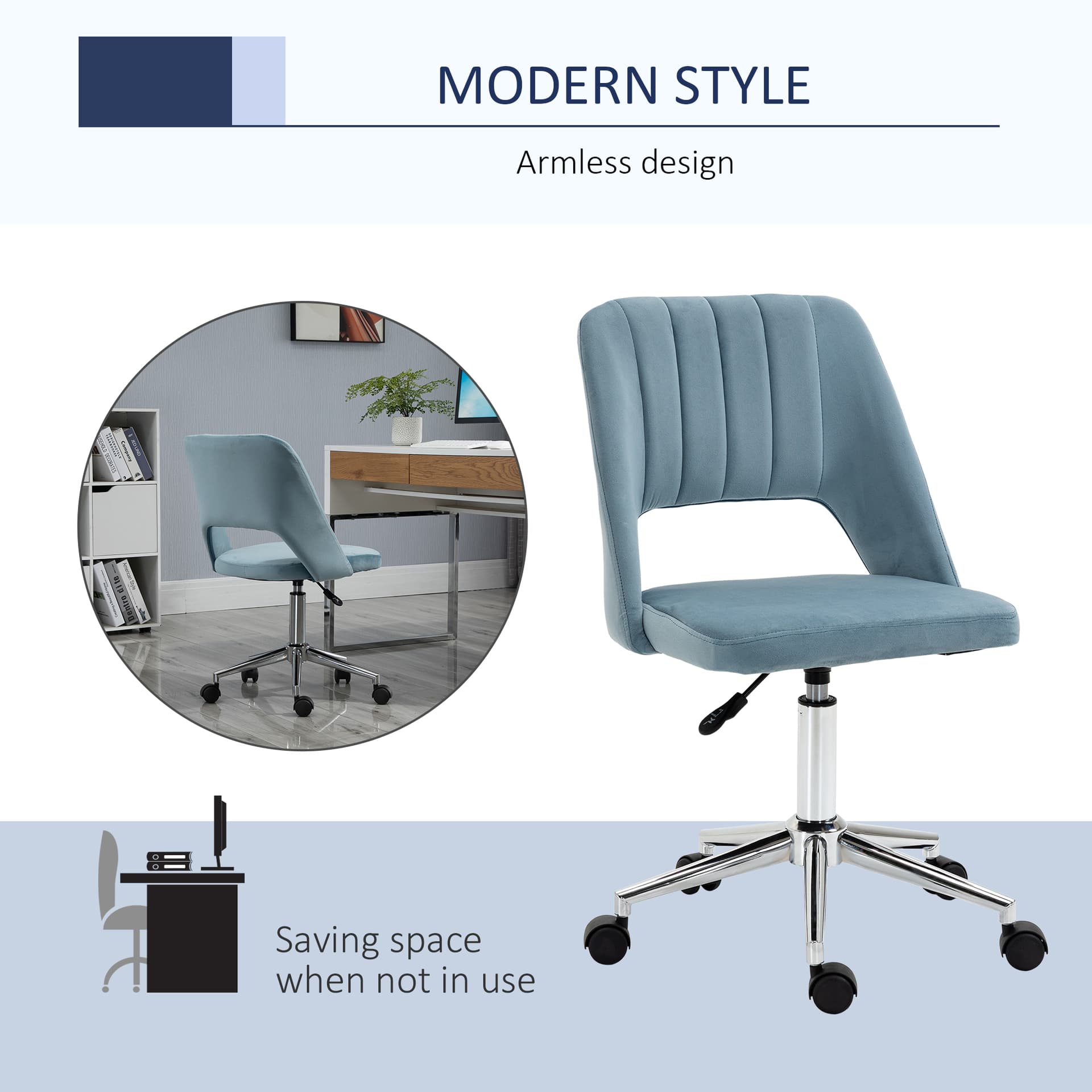 Mid Back Office Chair Velvet Fabric Swivel Scallop Shape Computer Desk Chair, Sky Blue