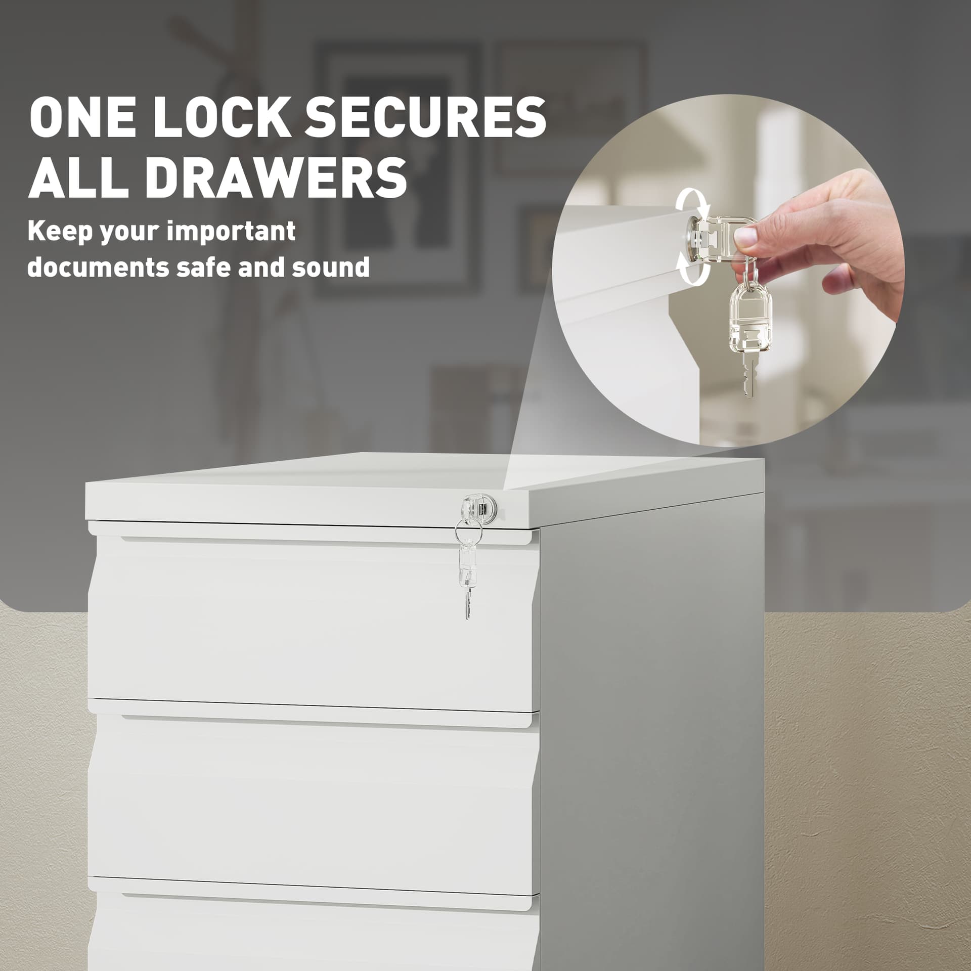 3 Drawer Filing Cabinet with Lock, Steel Office Storage Cabinet with Hanging Bar for A4, Legal, Letter Files, White