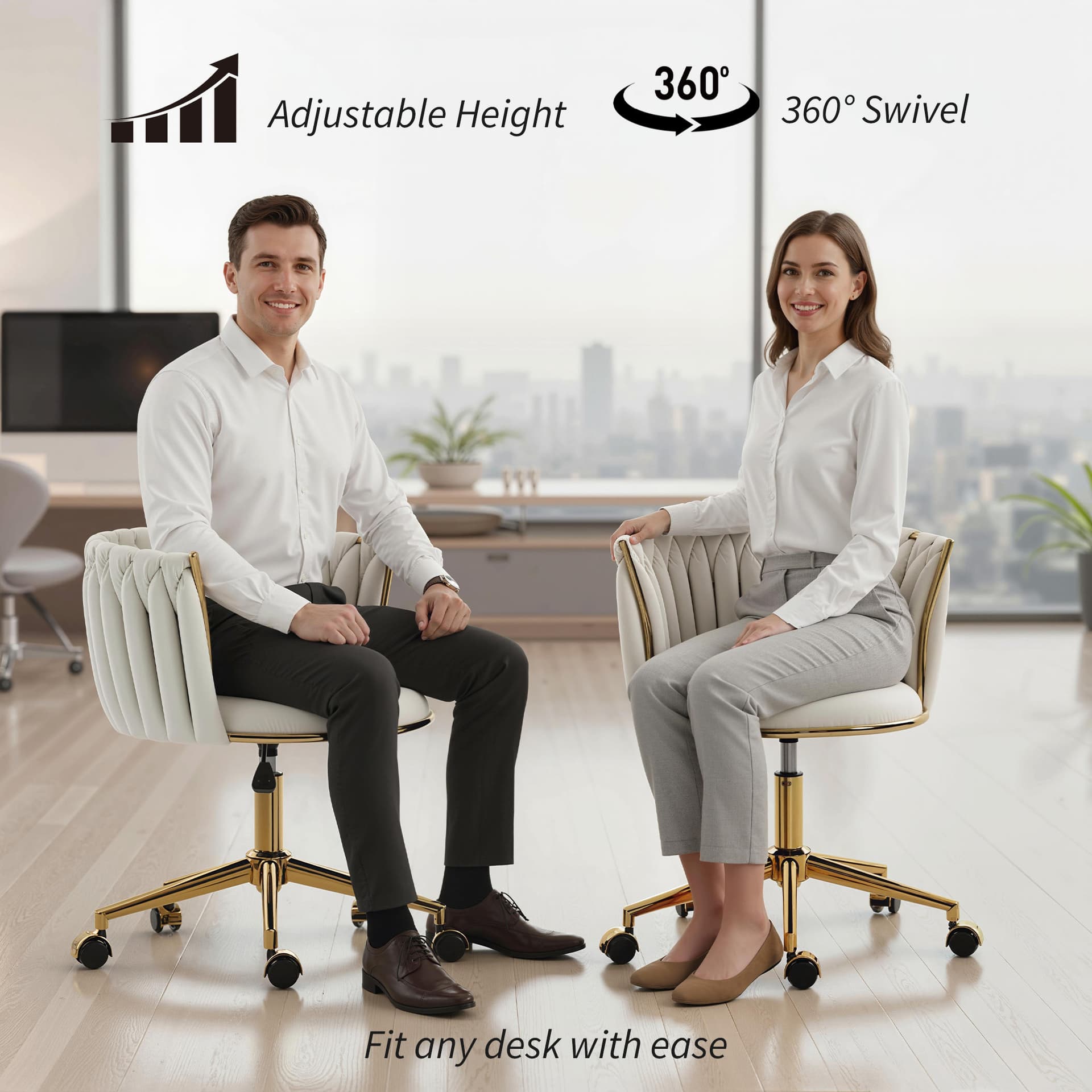 Office Chair, Vanity Chair with Woven Back, Adjustable Height, Rolling Wheels, Cream White