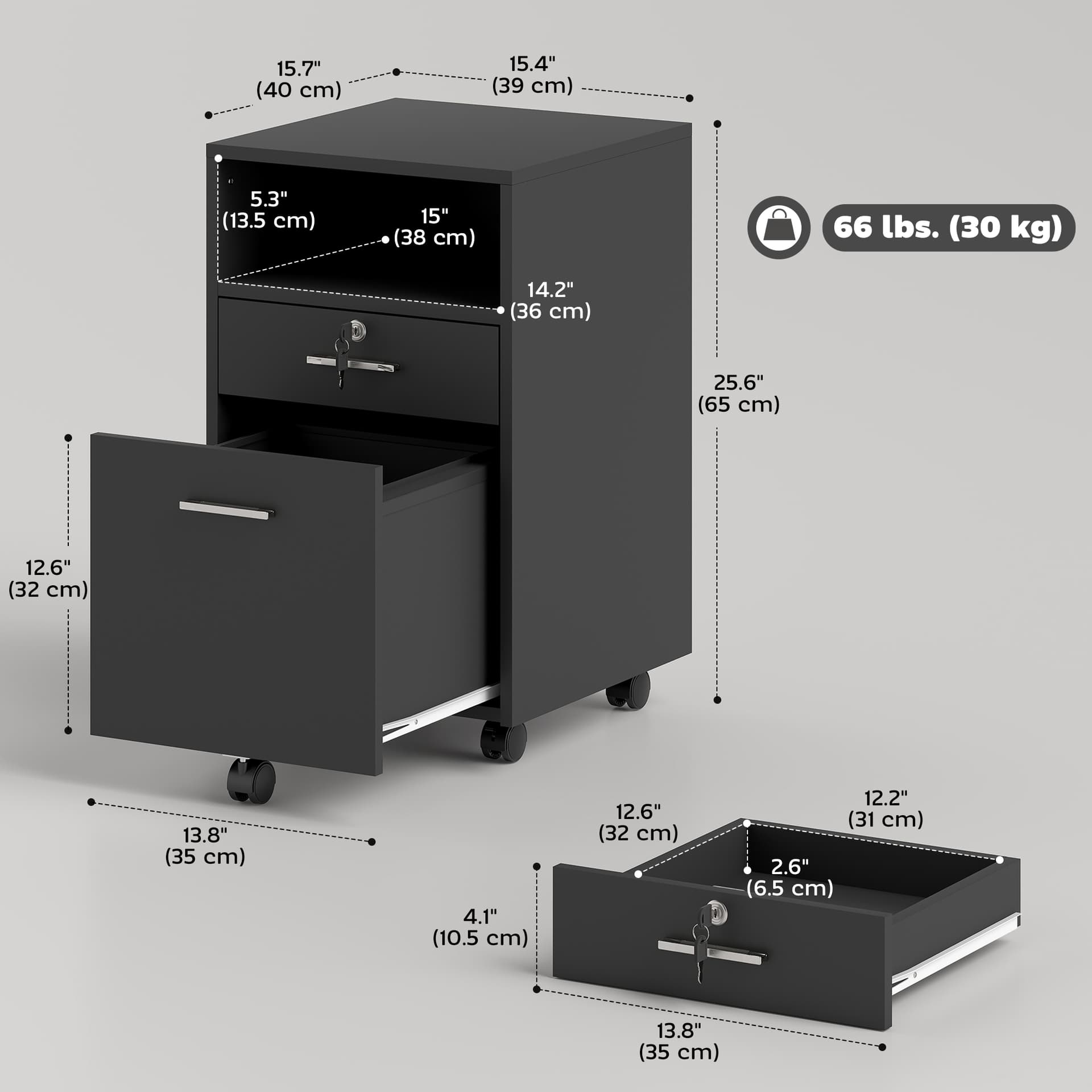 Small Filing Cabinet with 2 Drawers, Lockable Home Office Storage Cabinets on Wheels for A4, Letter Size, Black