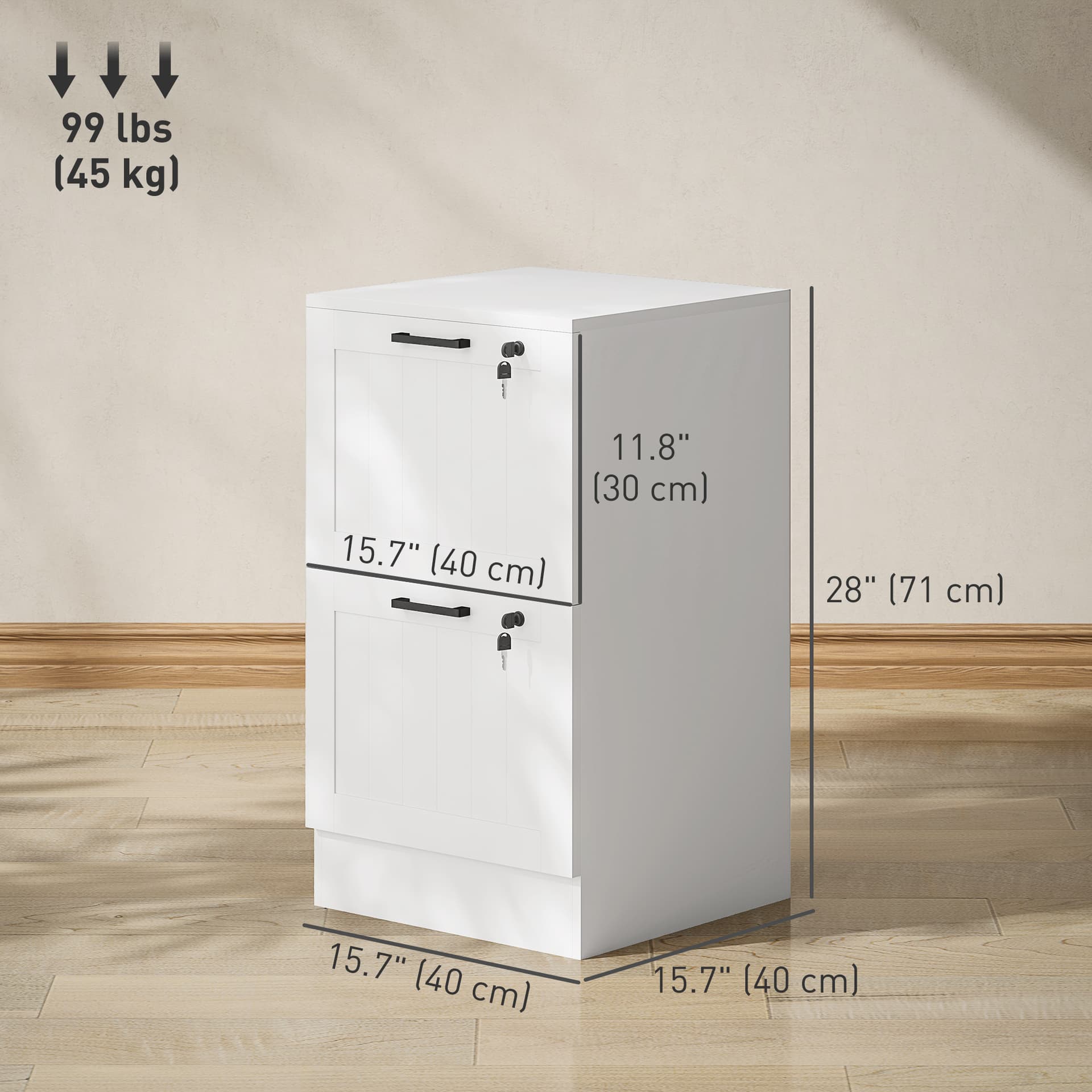 2 Drawer Filing Cabinet with Lock, Office Storage Cabinet with Adjustable Hanging Bars for A4 Letter Size Files, White