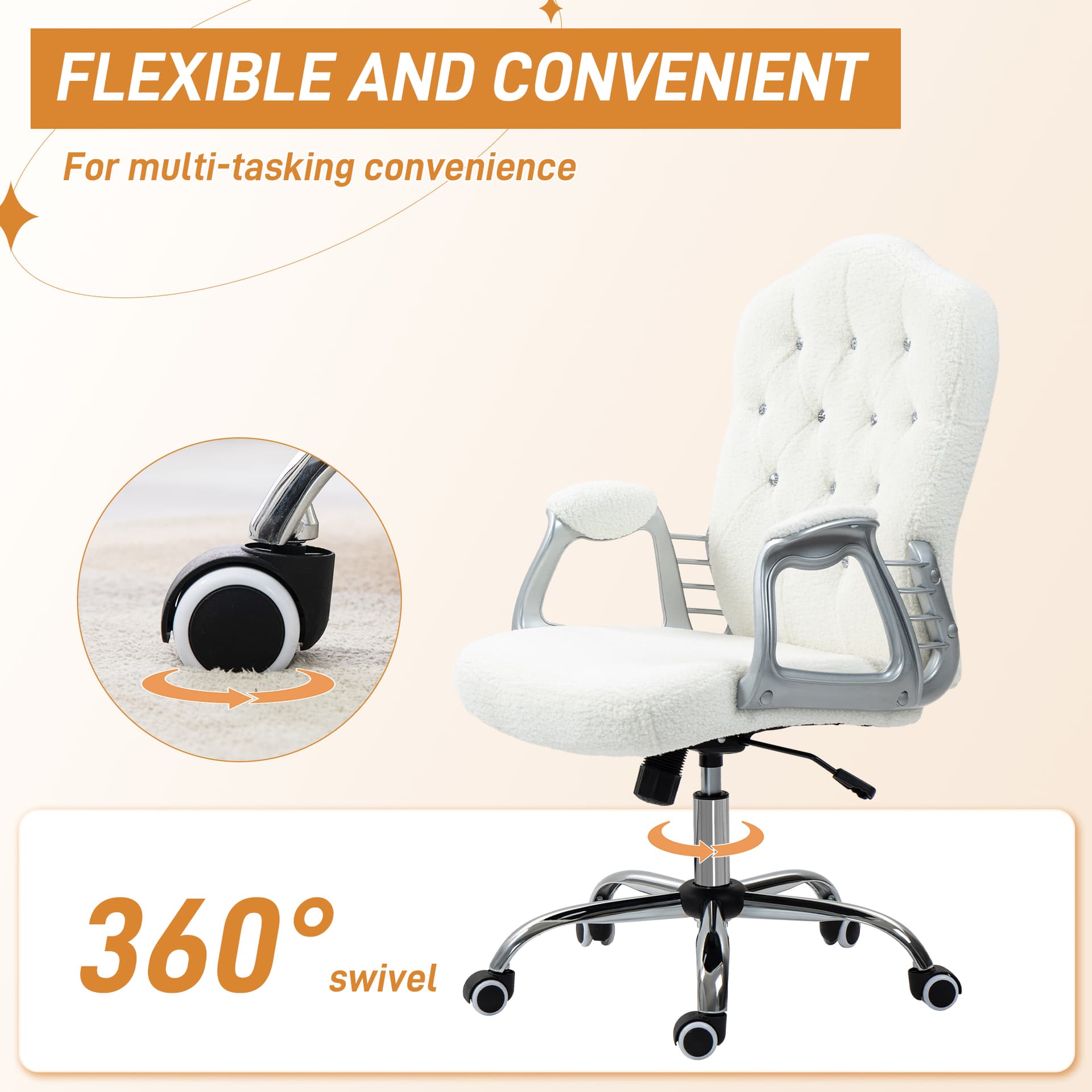 Teddy Fleece Computer Chair, Button Tufted Desk Chair with Swivel Wheels, Adjustable Height White