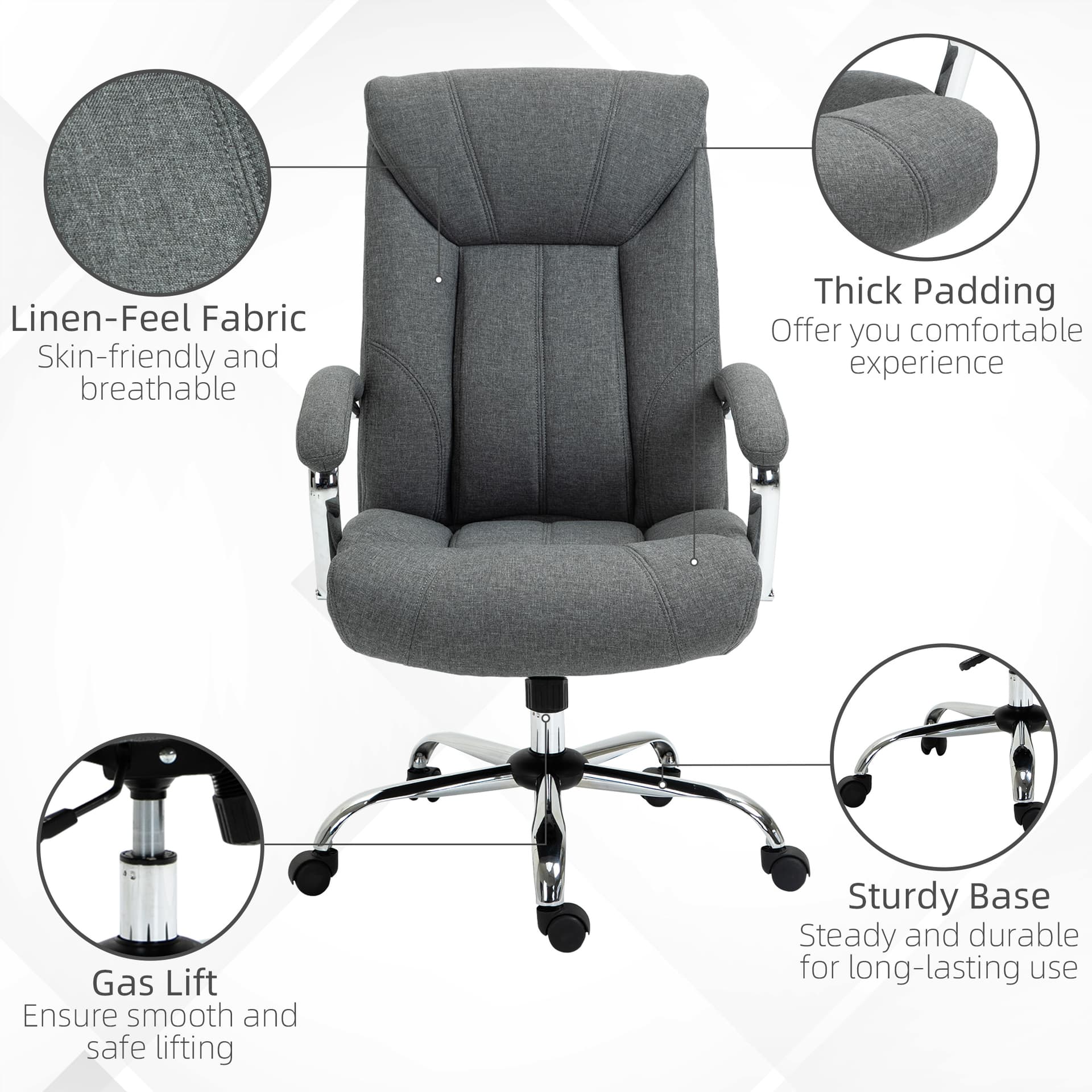 High Back Swivel Office Chair Task Ergonomic Linen Fabric Computer Chair, with Arm, Adjustable Height, Grey