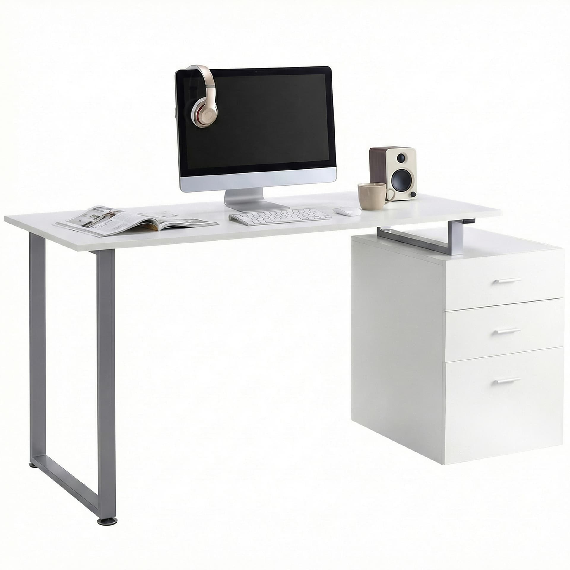 47" Computer Desk Writing Table Workstation with Multi-Use Reversible File Drawers Metal Frame Home Office Furniture, White