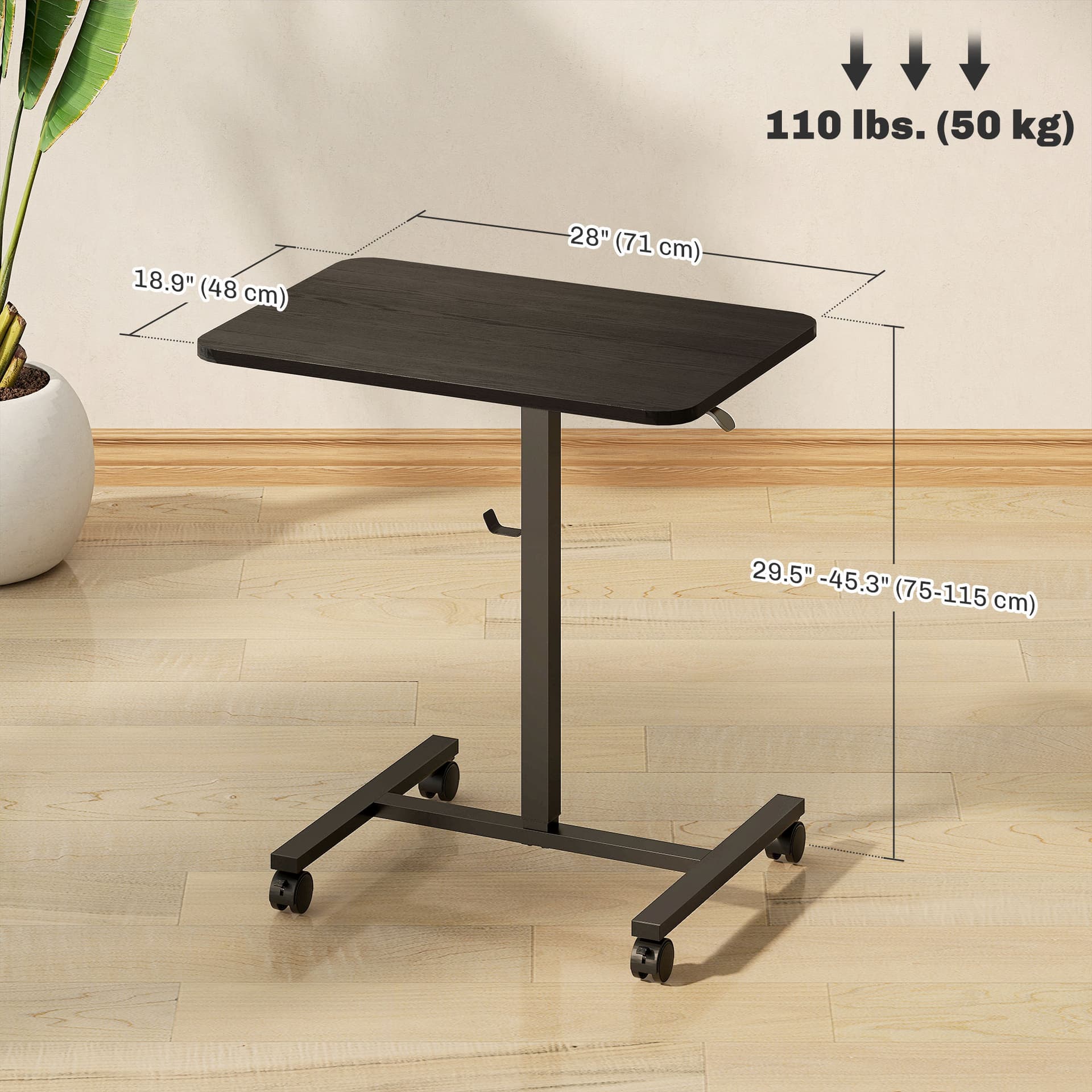 Height Adjustable Standing Desk, Pneumatic Sit Stand Desk with Wheels and Headphone Hook, Black Wood Grain - Office Desks & Work Stations - Office Furniture