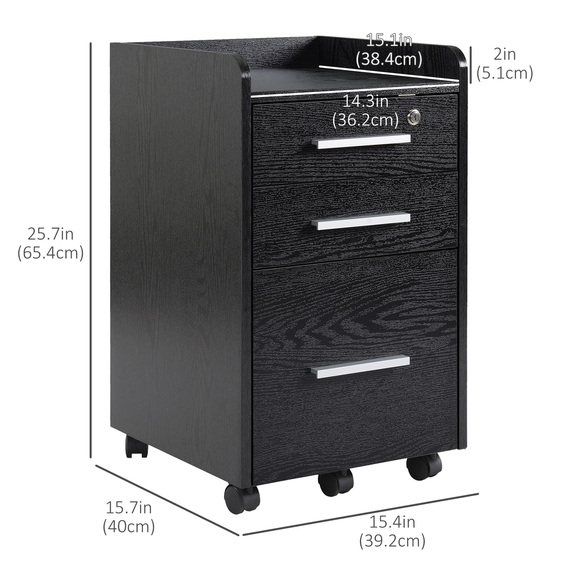 3 Drawer File Cabinet with Lock and Edged Top, Lockable Filing Cabinet on Wheels for Letter and A4 Size, Black